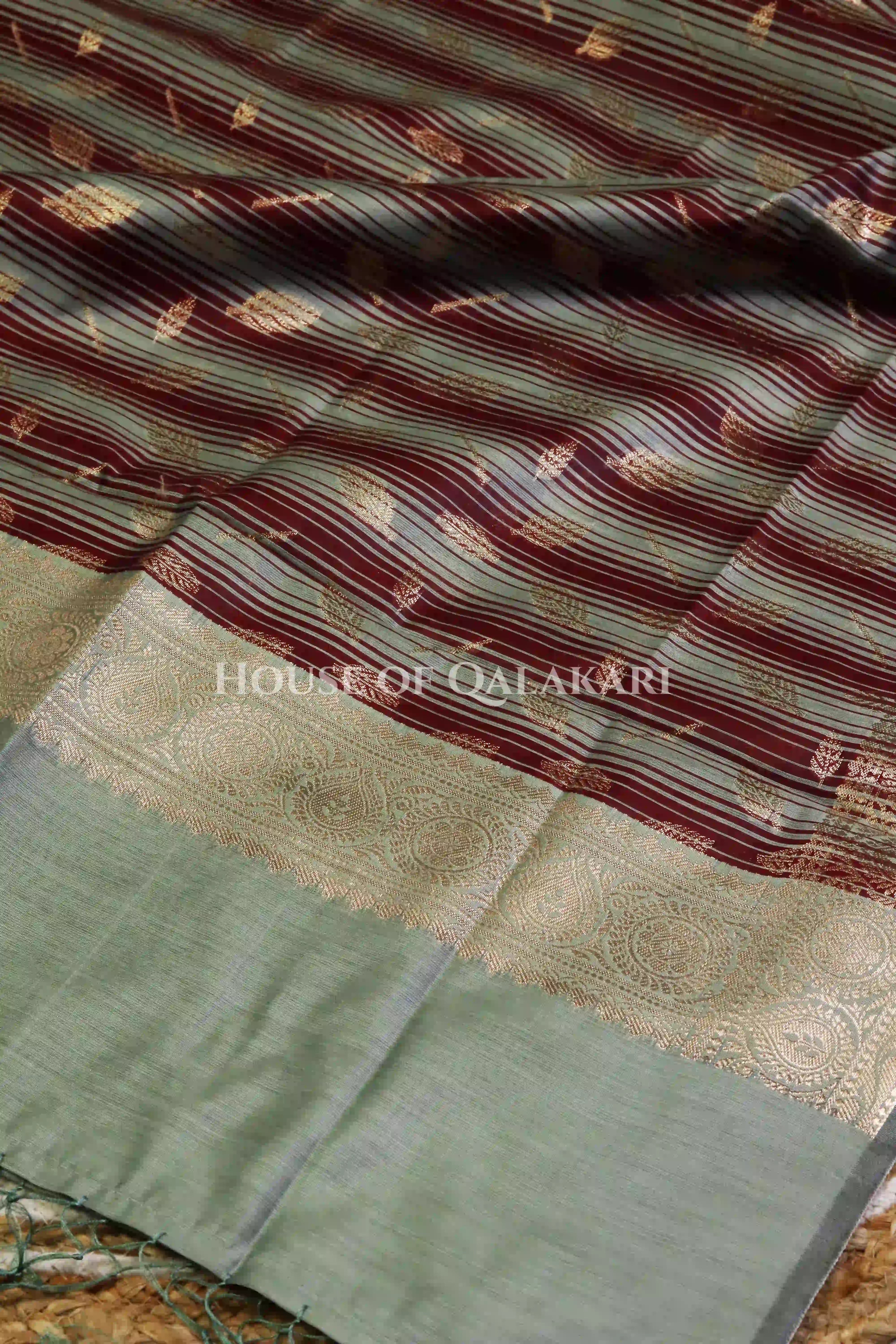 Banarasi Cotton Silk blend Unstitched Dress Material in Cement Grey and with contrast Dark brown-Cement Grey striped dupatta – dupatta