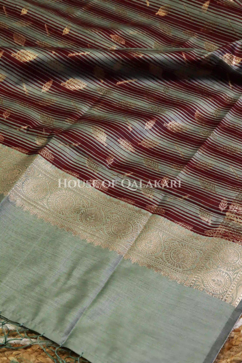 Banarasi Cotton Silk blend Unstitched Dress Material in Cement Grey and with contrast Dark brown-Cement Grey striped dupatta – dupatta