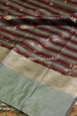 Banarasi Cotton Silk blend Unstitched Dress Material in Cement Grey and with contrast Dark brown-Cement Grey striped dupatta – dupatta