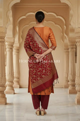 Banarasi silk Unstitched Dress Material in Clay Brown and Maroon Oak contrast with Intricate Zari Buti – back pose