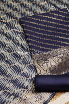 Banarasi Cotton Silk blend Unstitched Dress Material in midnight navy blue and with Bandhani-Leheriya inspired work – product