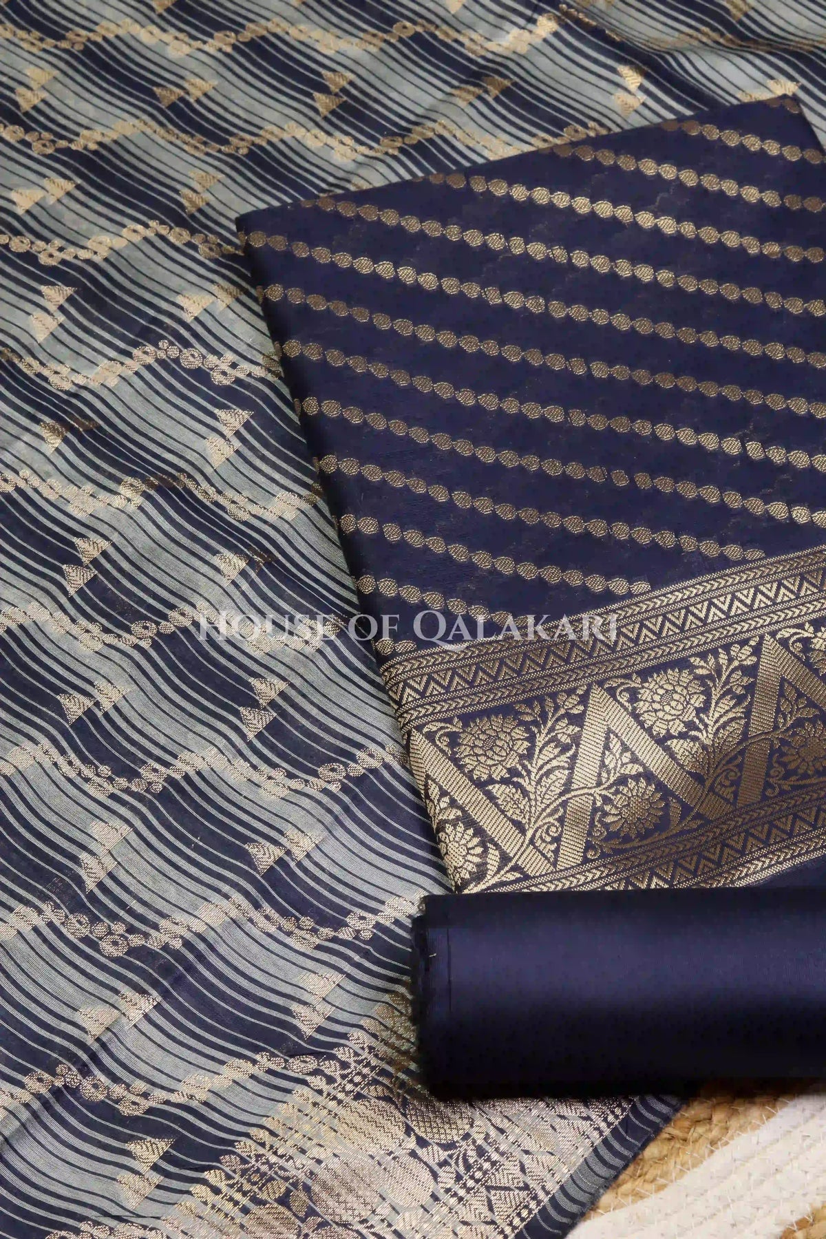 Banarasi Cotton Silk blend Unstitched Dress Material in midnight navy blue and with Bandhani-Leheriya inspired work – product