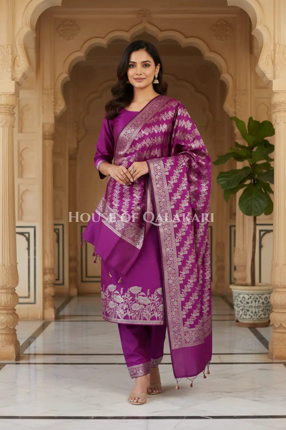 Banarasi silk Unstitched Dress Material in Rich Purple and with lotus floral border and diagonal striped zari work dupatta – front pose