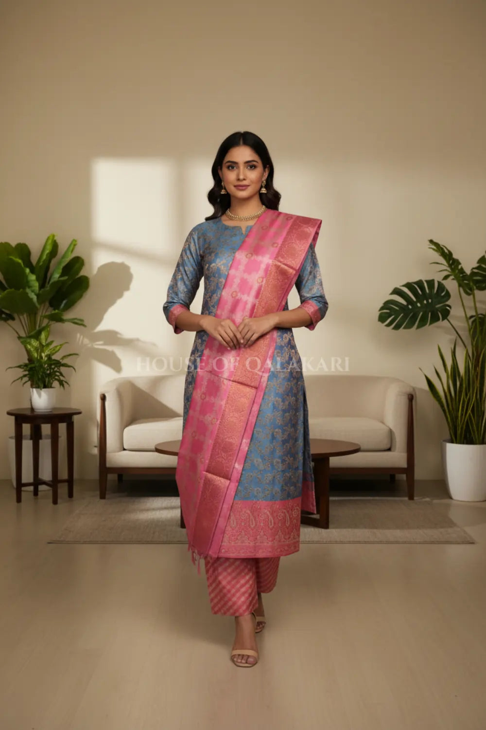 chanderi cotton dress material front pose