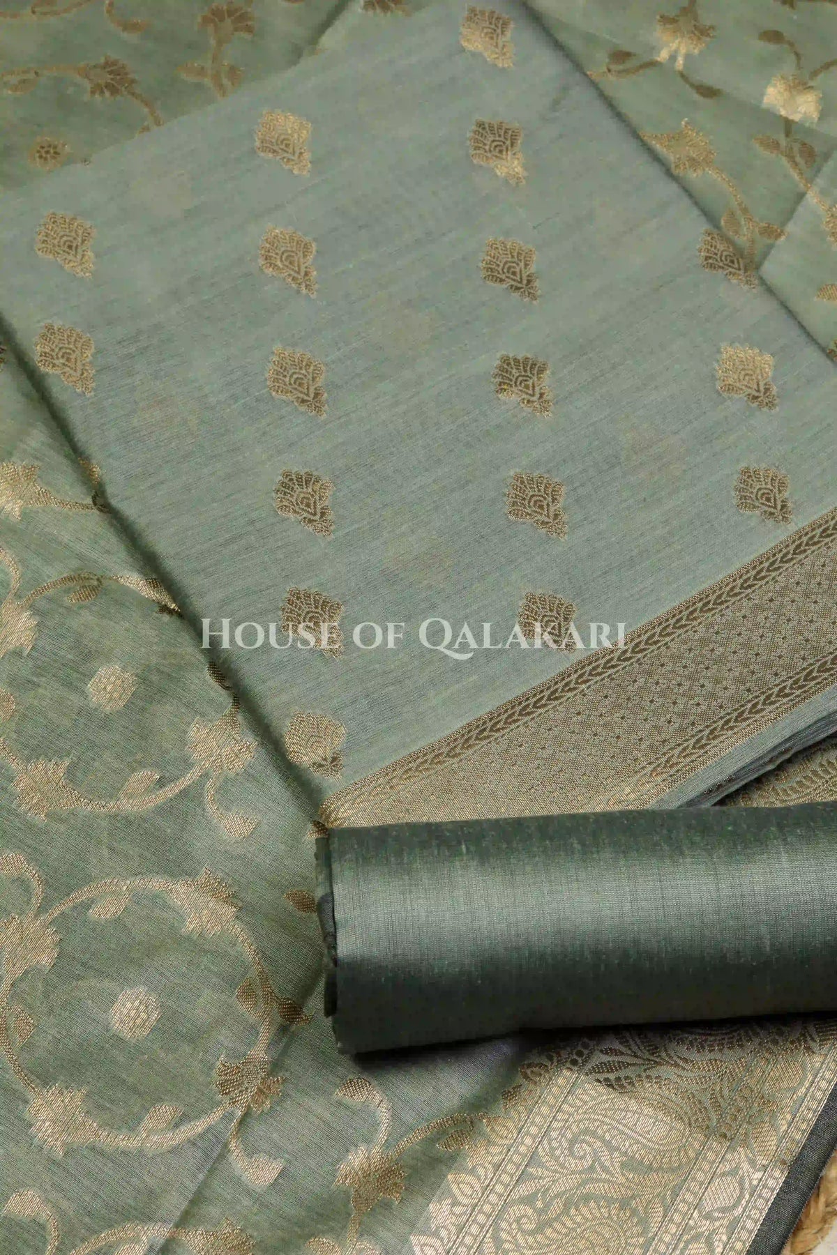 Banarasi Cotton Silk blend Unstitched Dress Material in Antique Aqua green colour with Intricate Zari Diamond Buti – product