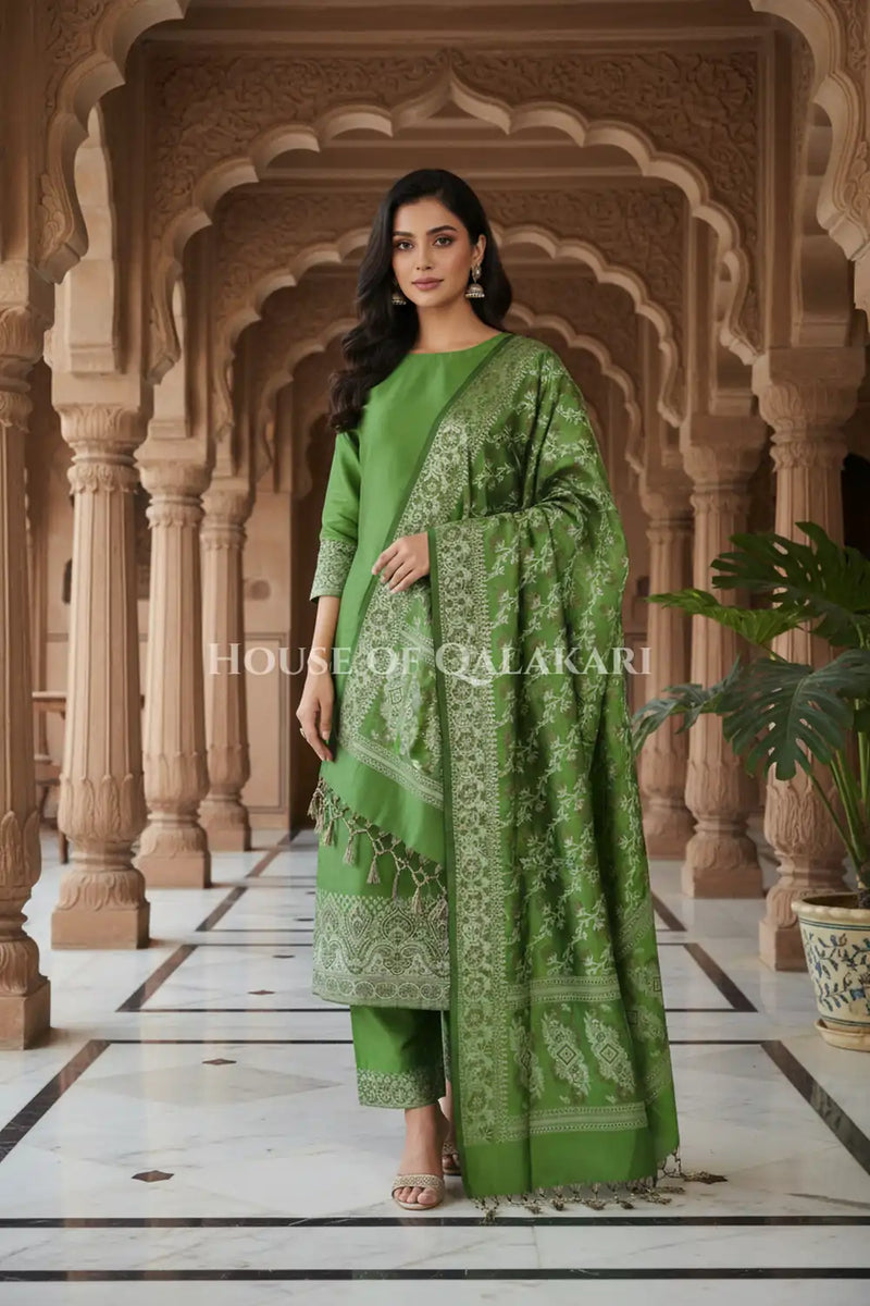 Banarasi Unstitched Dress Material in Light Olive Green and with plain body and resham border and diagonally striped resham dupatta – front pose
