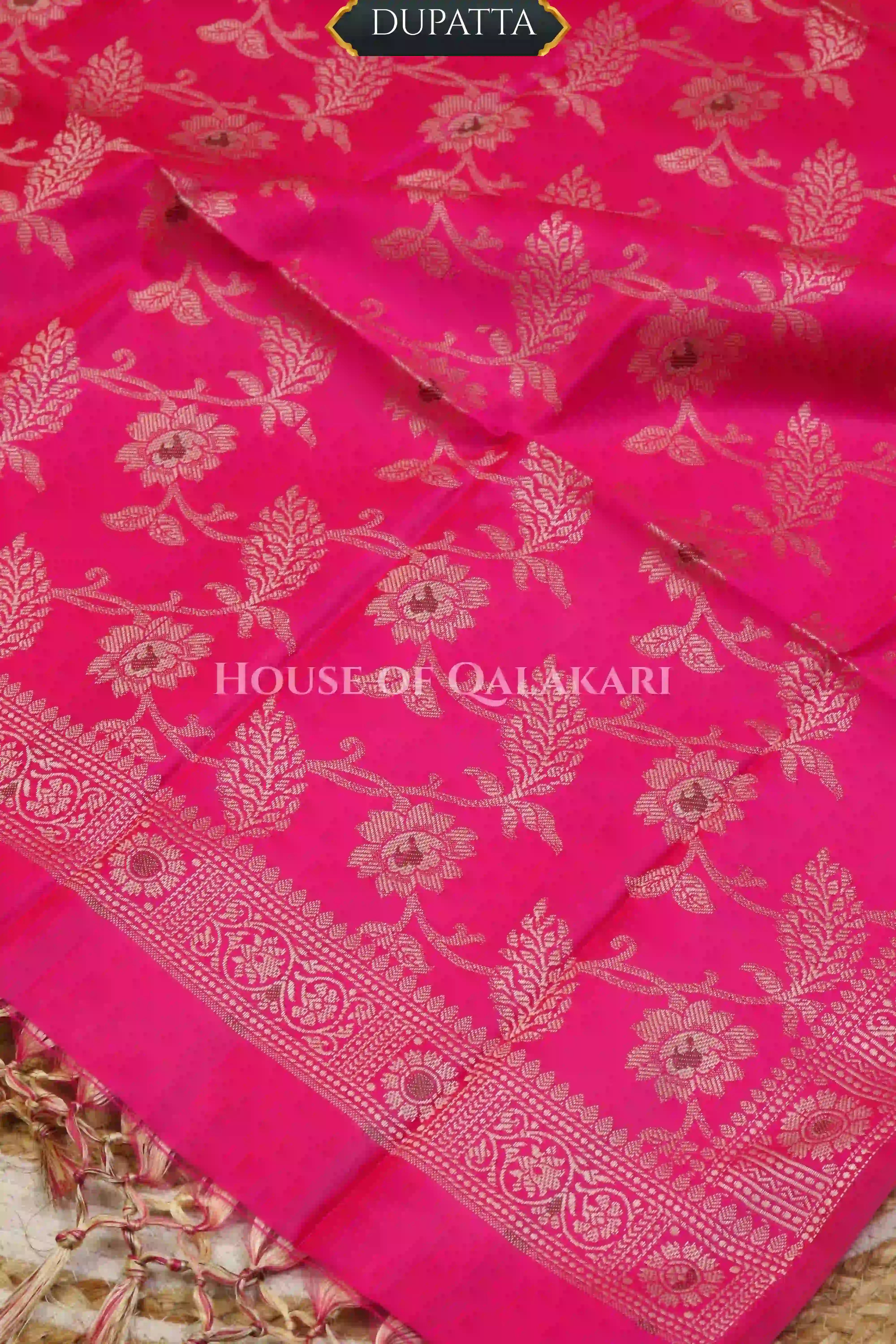 Banarasi Unstitched Dress Material in Mushroom and with all over leaf buti and resham border along with floral resham jaal dupatta – dupatta