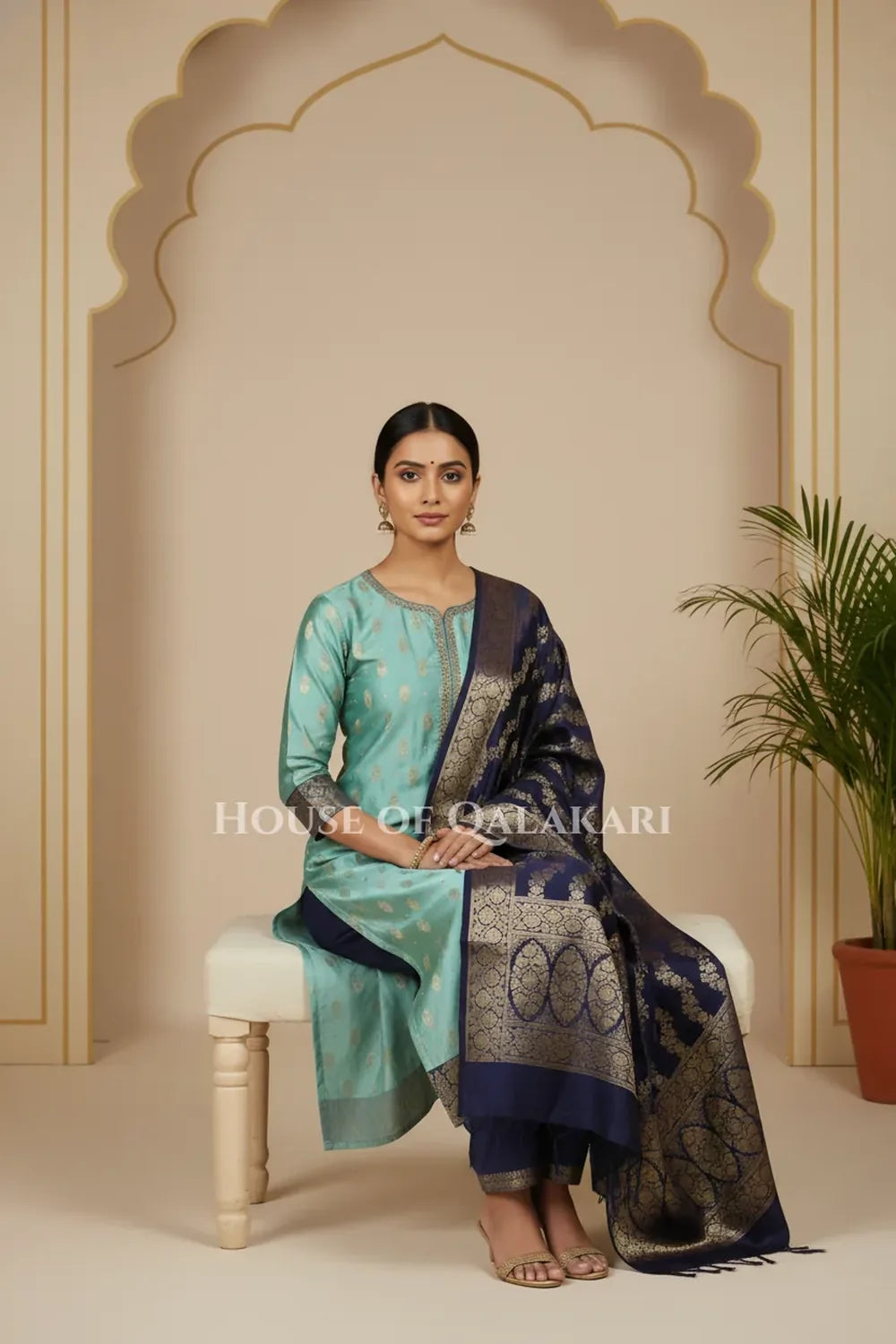 Banarasi Silk in sky blue and navy blue contrast with Intricate Zari Buti – sitting pose