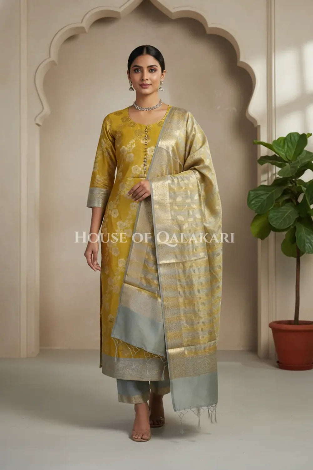 Banarasi Cotton Silk blend Unstitched Dress Material in mustard and silver grey contrast with Intricate Zari Buti – front pose
