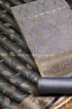 Banarasi Cotton Silk blend Unstitched Dress Material in Grey and with contrast Black-Grey striped dupatta – product