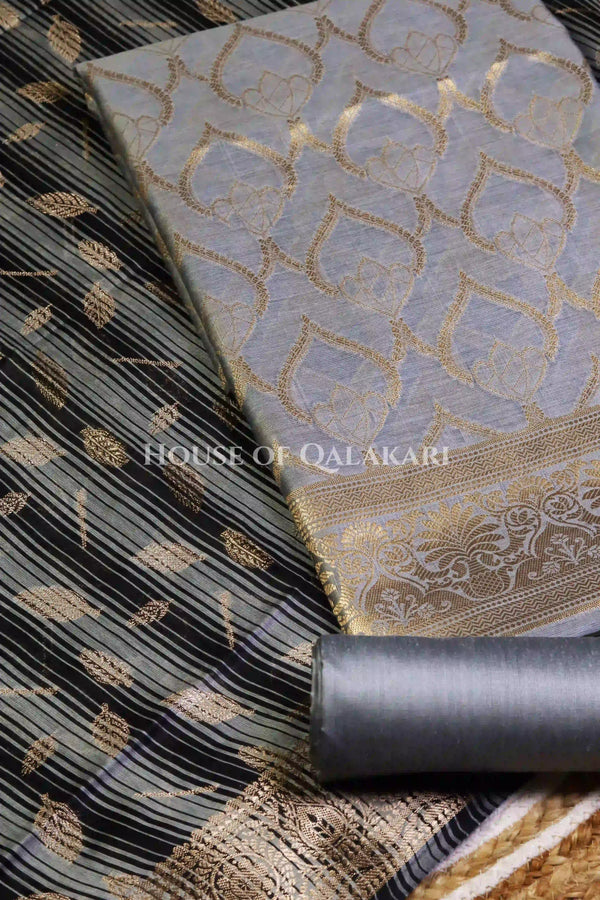 Banarasi Cotton Silk blend Unstitched Dress Material in Grey and with contrast Black-Grey striped dupatta – product