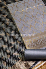 Banarasi Cotton Silk blend Unstitched Dress Material in Grey and with contrast Black-Grey striped dupatta – product
