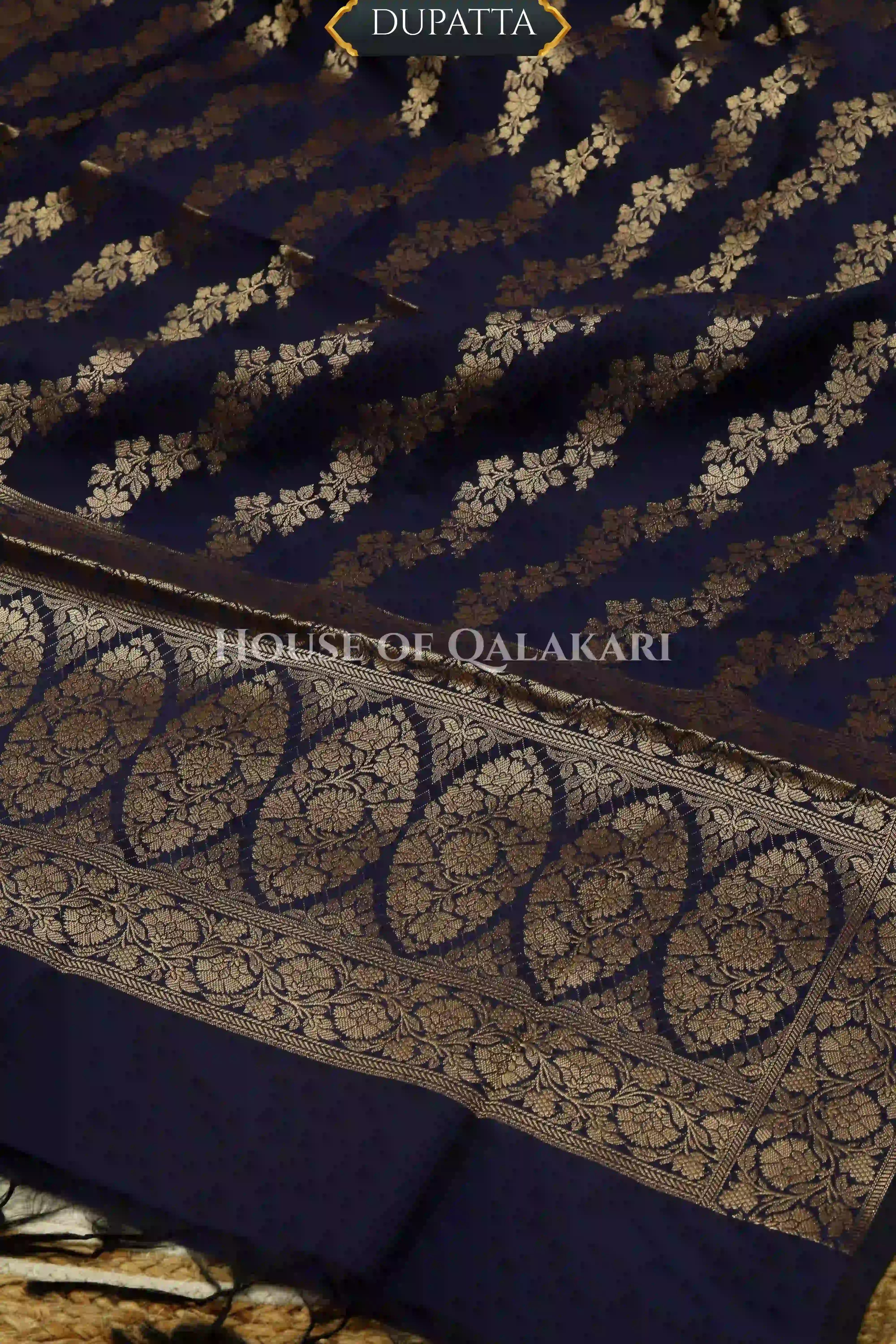 Banarasi Silk in sky blue and navy blue contrast with Intricate Zari Buti – dupatta