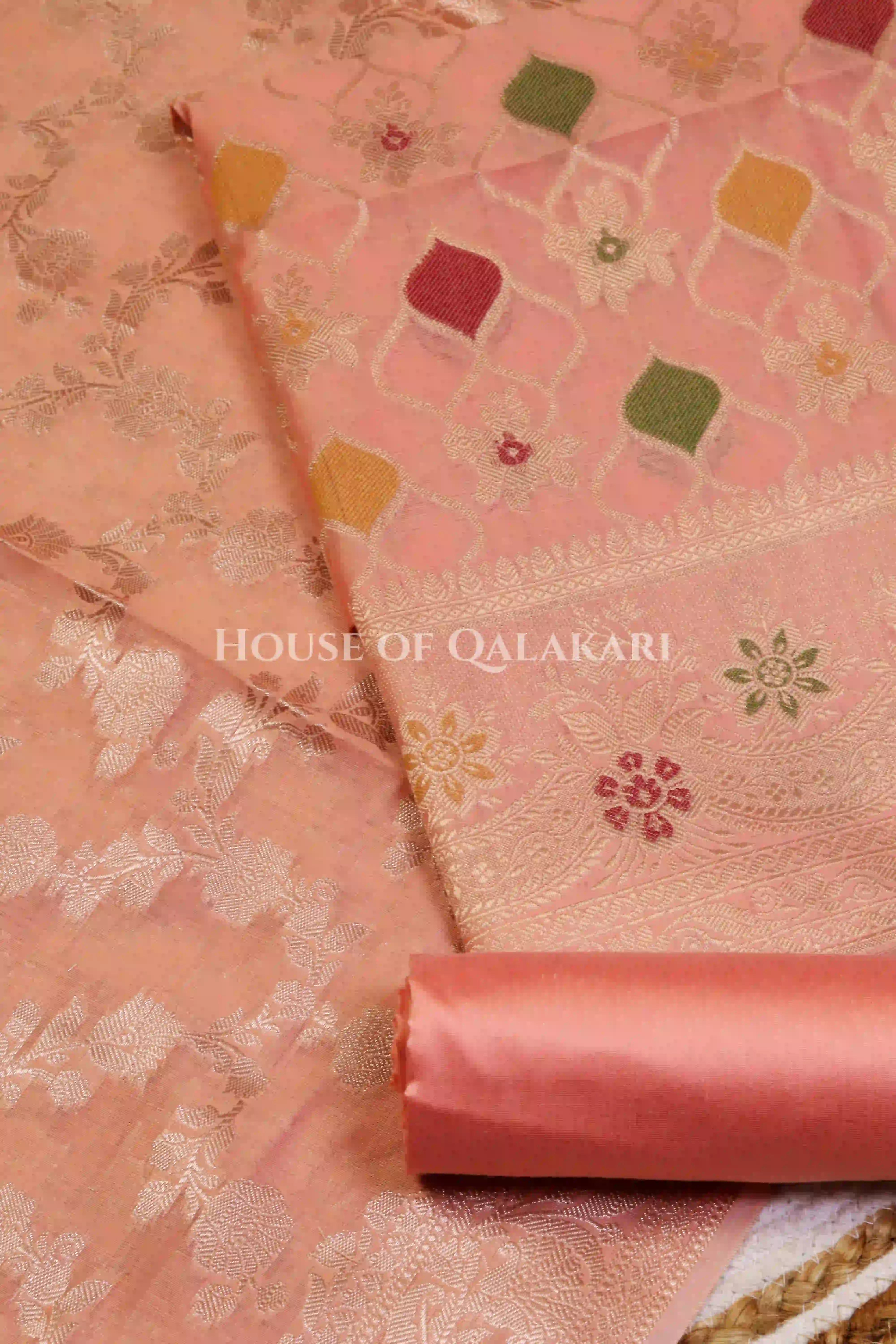 Banarasi Chanderi Cotton Unstitched Dress Material in Peach and with matching zari floral jaal dupatta – product