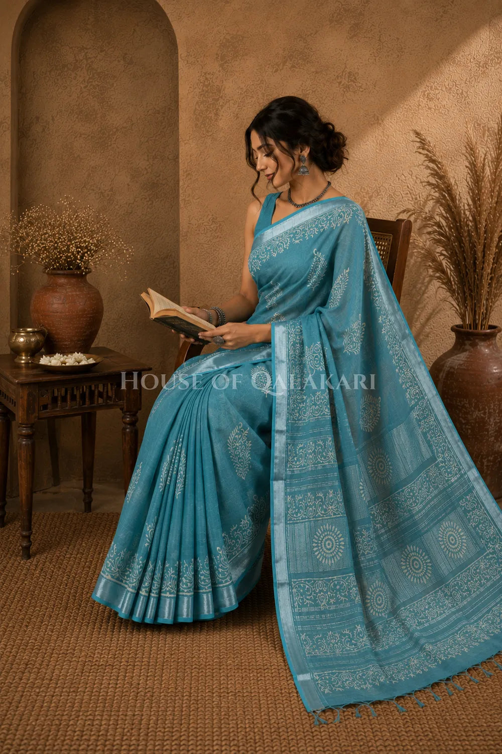 linen cotton saree 497 sitting pose