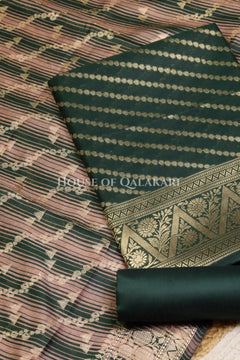 Banarasi Cotton Silk blend Unstitched Dress Material in Bottle Green and with Bandhani-Leheriya inspired work – product