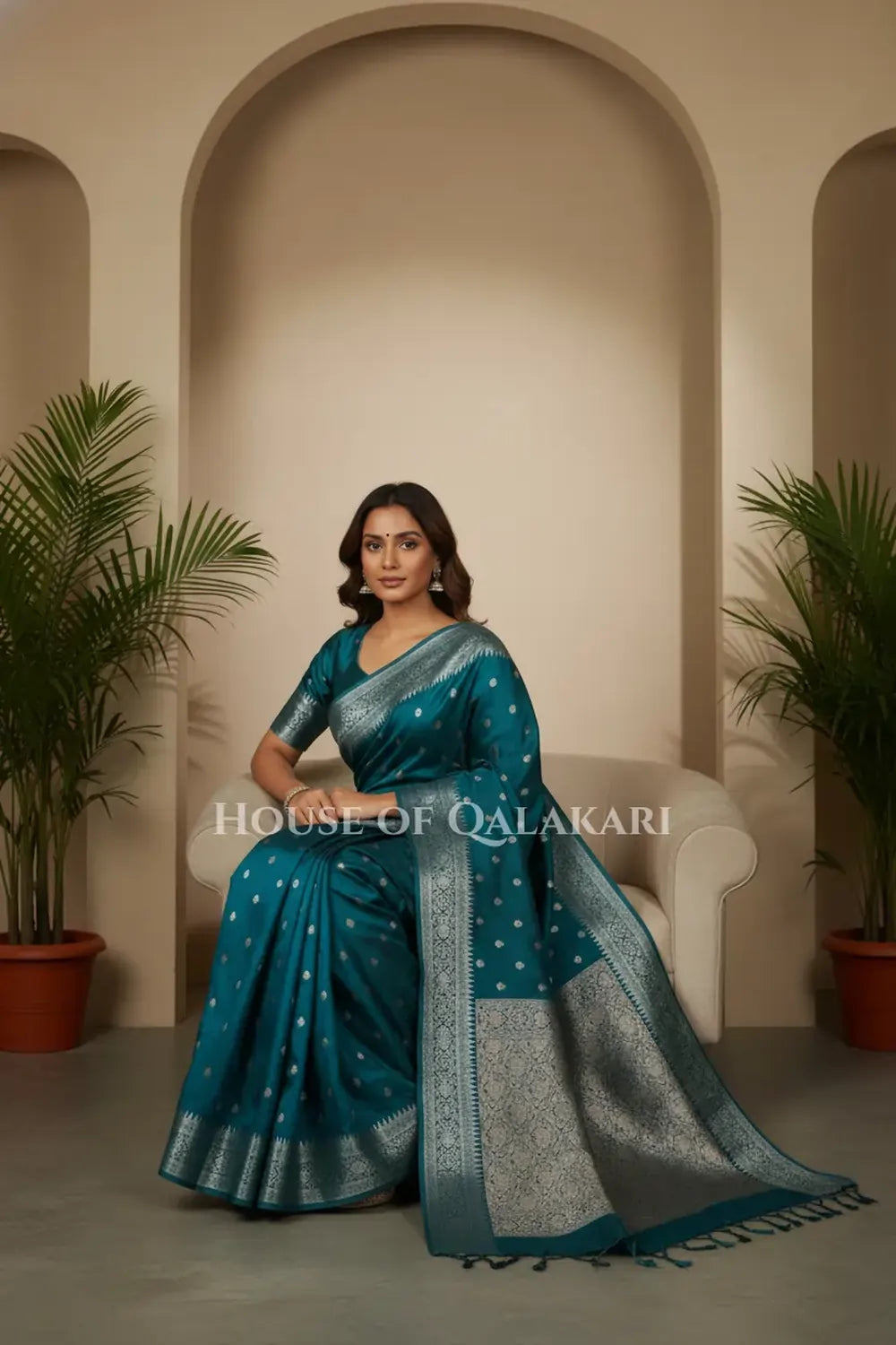 Mushroom silk Saree sitting pose