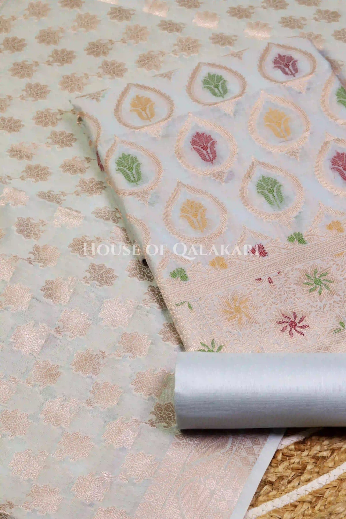 Banarasi Chanderi Cotton Unstitched Dress Material in Pale Silver and with matching floral vine jaal dupatta – product