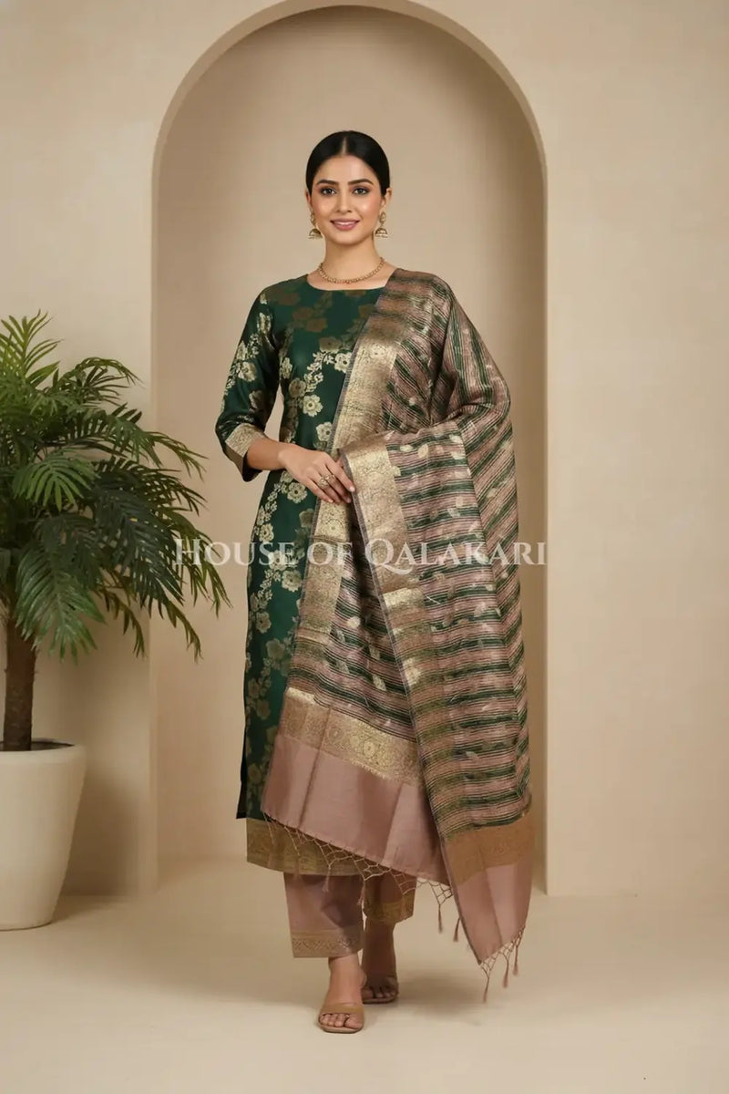 Banarasi Cotton Silk blend Unstitched Dress Material in deep emerald green and rose gold contrast with Intricate Zari Buti – front pose