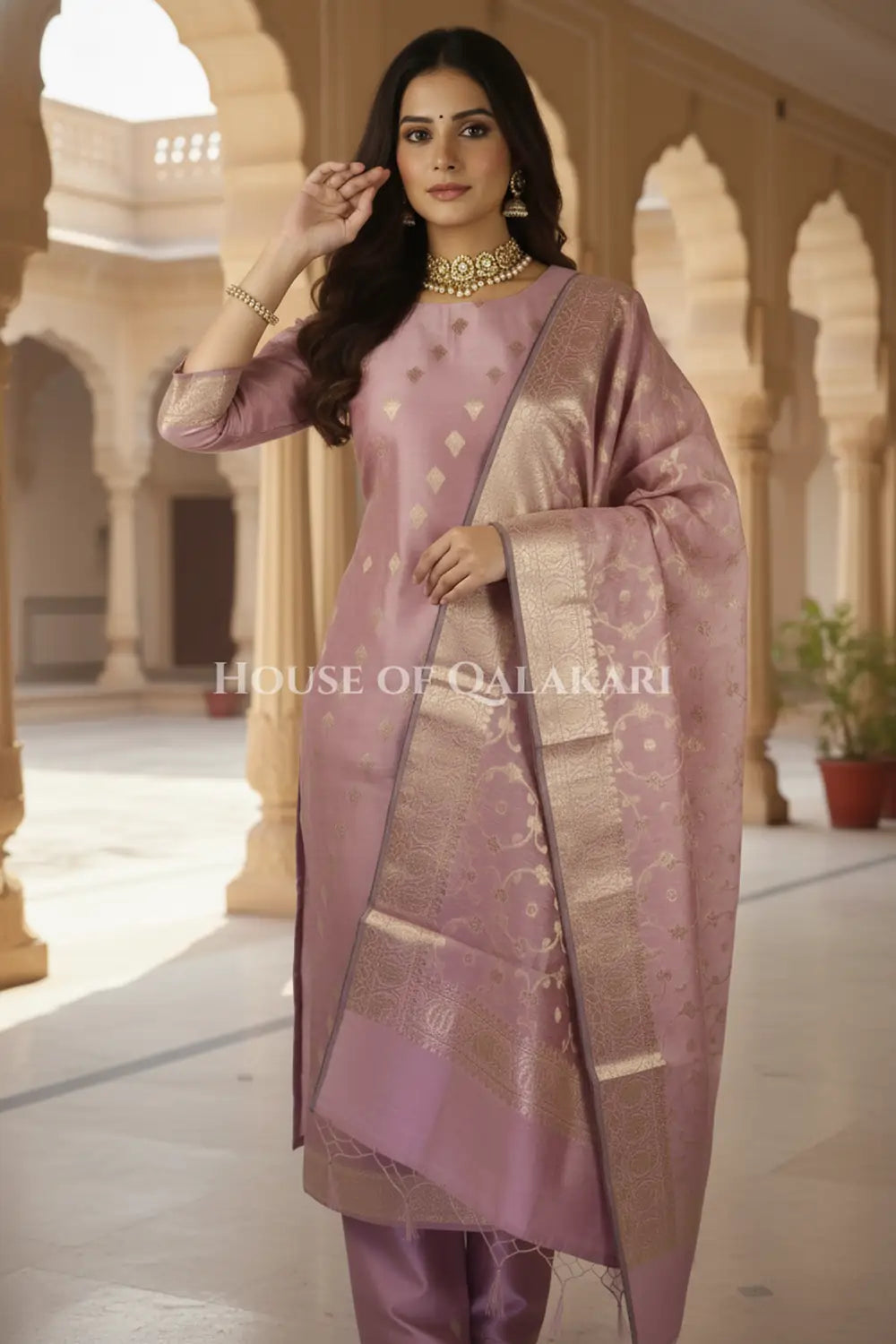 Banarasi Cotton Silk blend Unstitched Dress Material in Rose Pink colour with Intricate Zari Diamond Buti – dramatic pose