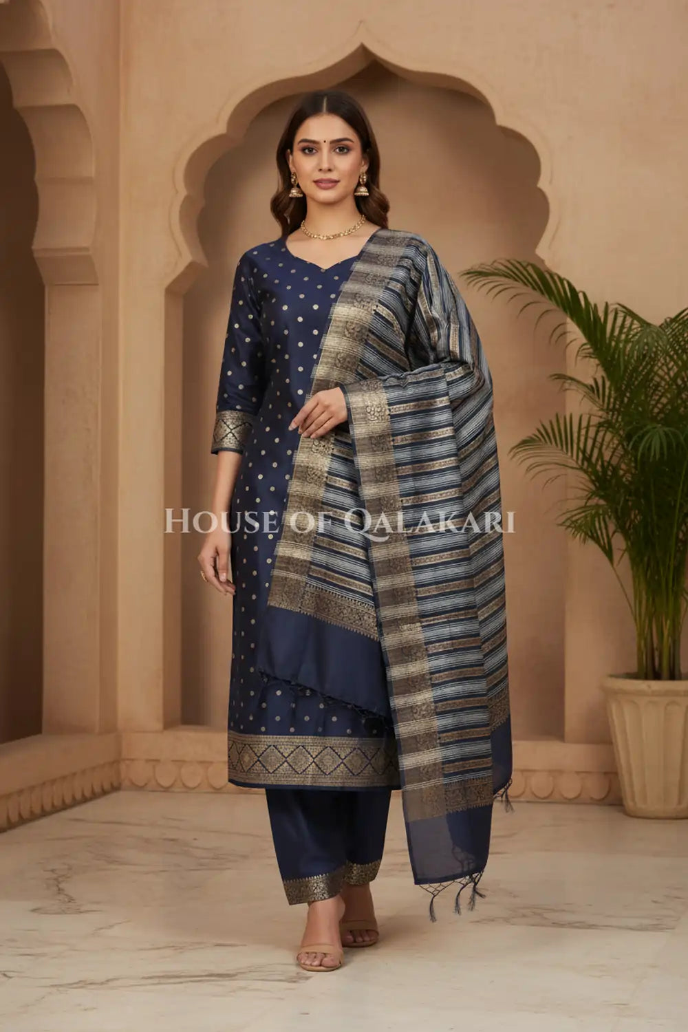 Banarasi Cotton Silk blend Unstitched Dress Material in midnight navy blue and with gol buti( Polka dots) inspired work – front pose
