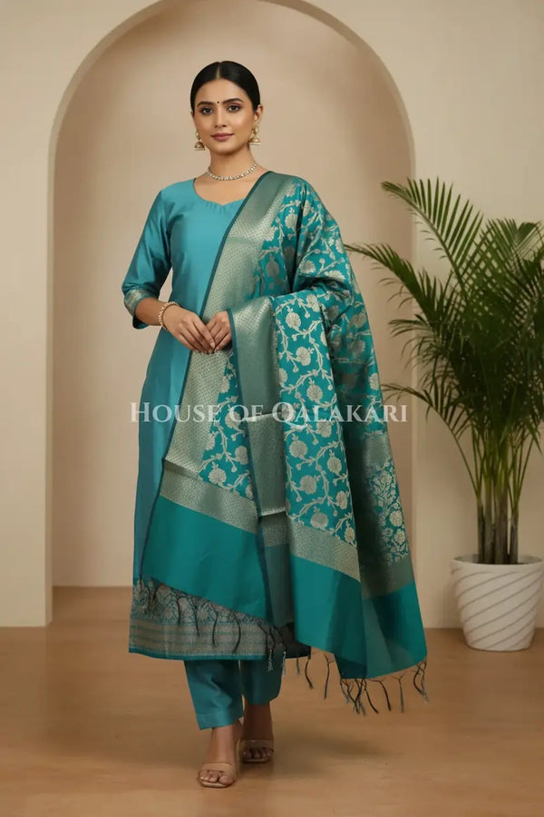 Banarasi silk Unstitched Dress Material in sky blue and blue contrast with Intricate Zari Buti – front pose