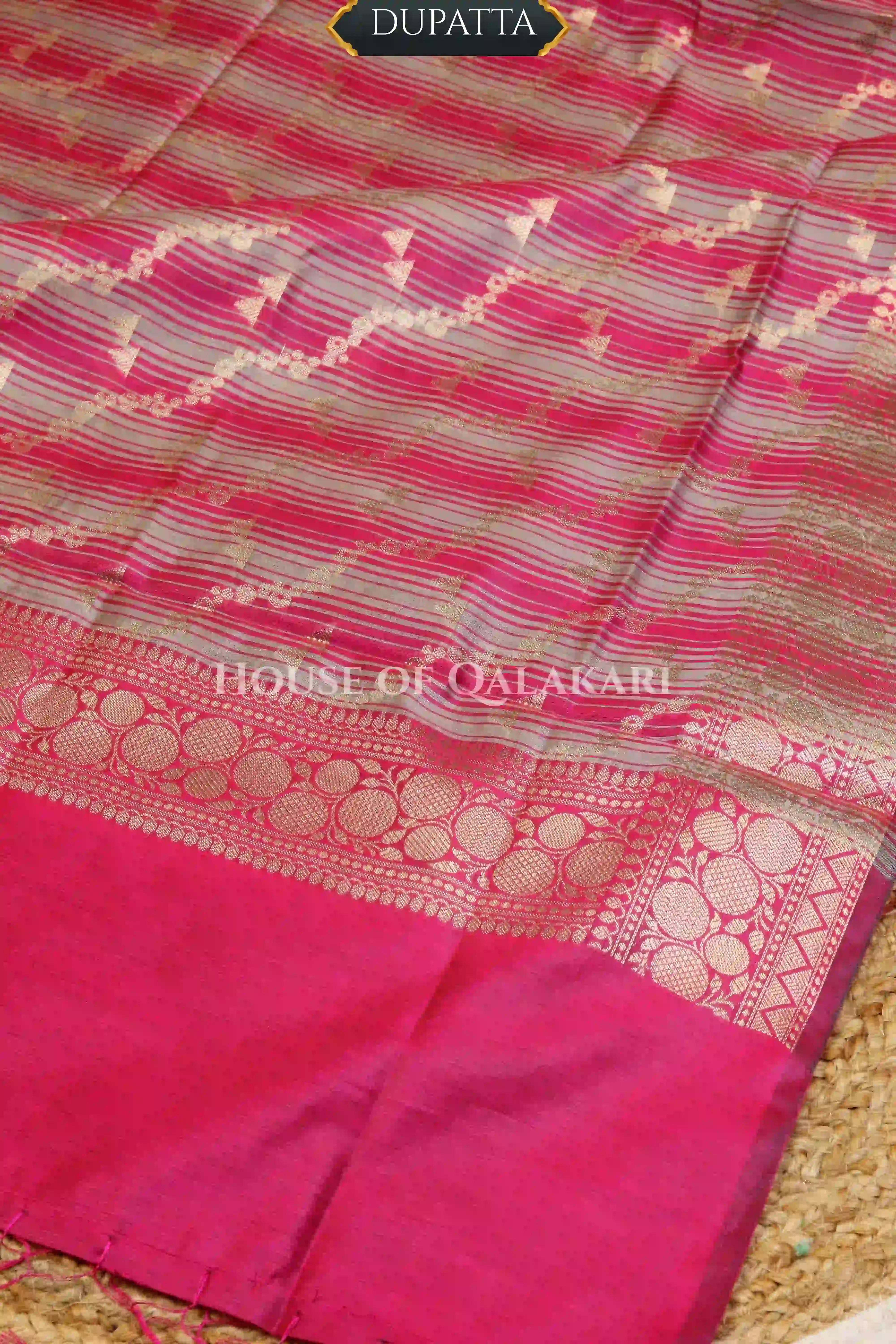 Banarasi Cotton Silk blend Unstitched Dress Material in Rani Pink and with Bandhani-Leheriya inspired work – dupatta