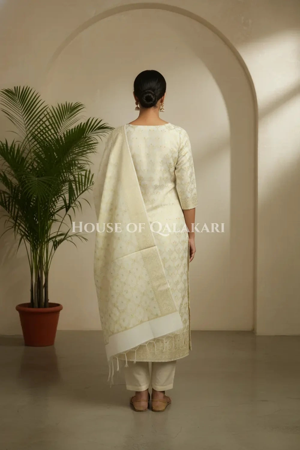 Cream Banarasi Chanderi Cotton Unstitched Dress Material with Zari Work – back pose