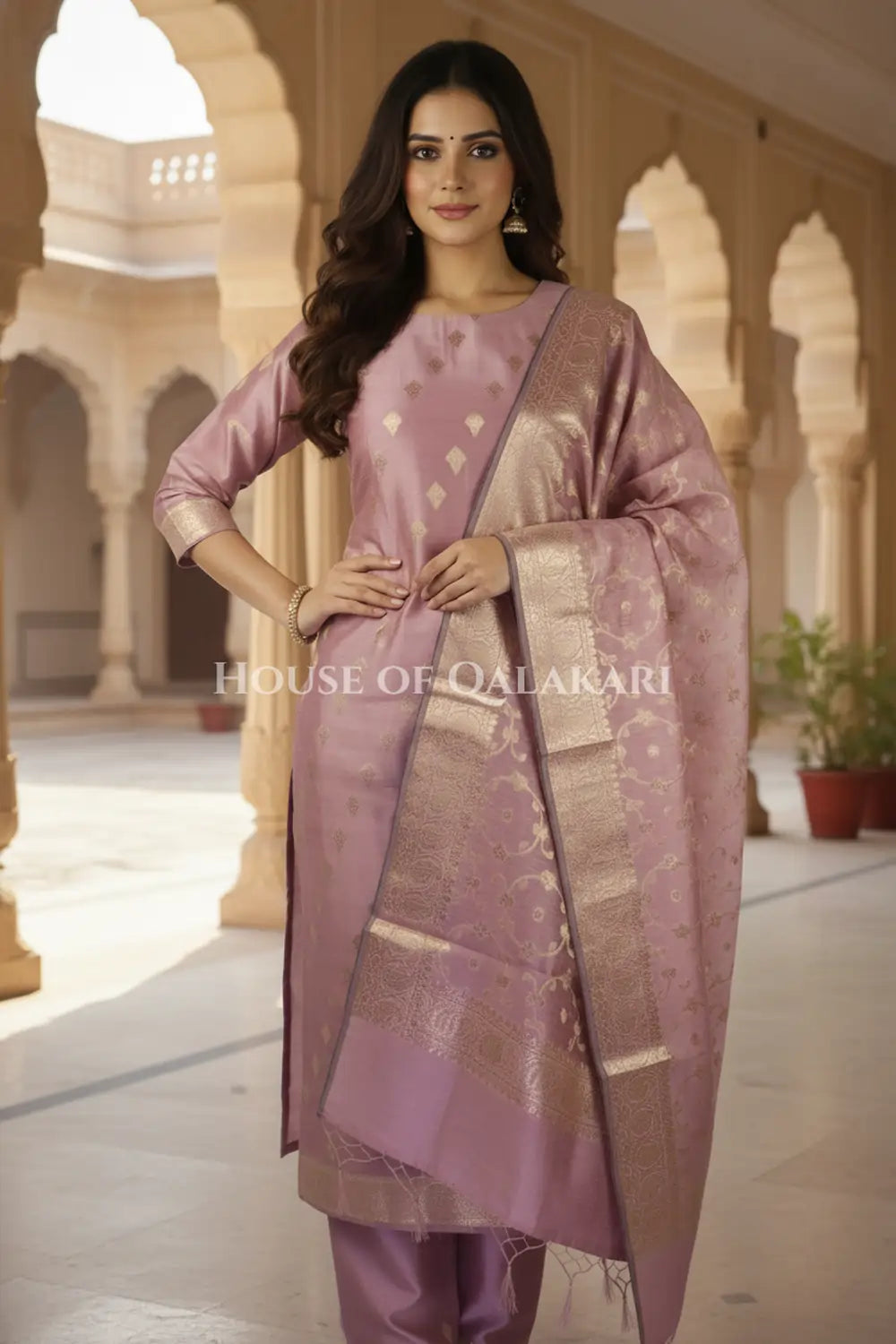 Banarasi Cotton Silk blend Unstitched Dress Material in Rose Pink colour with Intricate Zari Diamond Buti – front pose