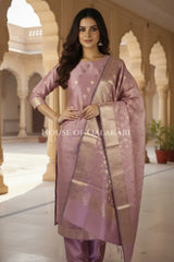 Banarasi Cotton Silk blend Unstitched Dress Material in Rose Pink colour with Intricate Zari Diamond Buti – front pose