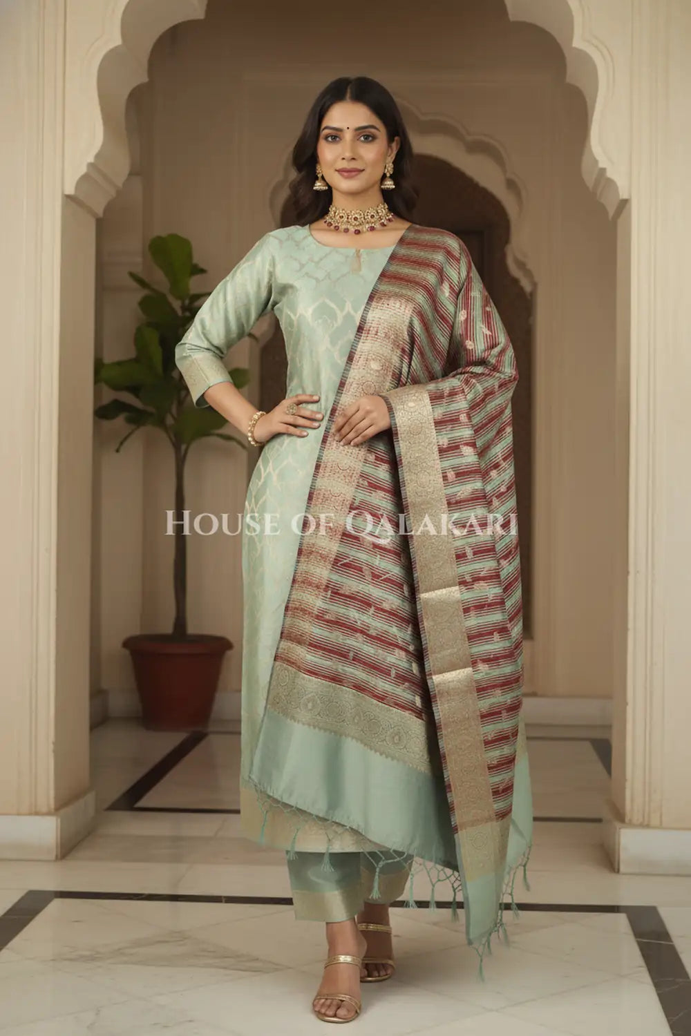 Banarasi Cotton Silk blend Unstitched Dress Material in Cement Grey and with contrast Dark brown-Cement Grey striped dupatta – dramatic pose