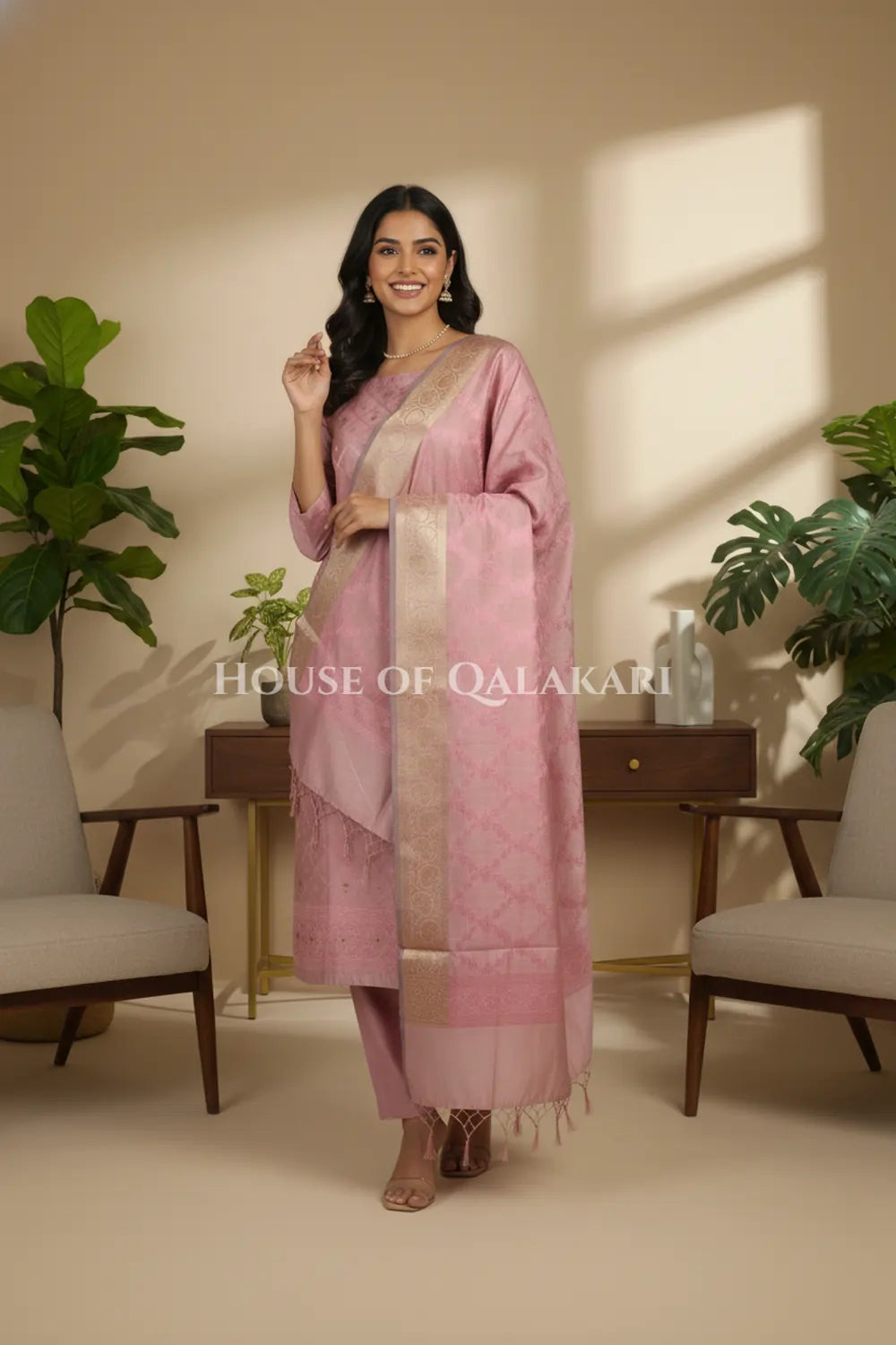 Banarasi Unstitched Dress Material in Dusky Rose diamond Chokdi resham work kurta and zari border – festive pose