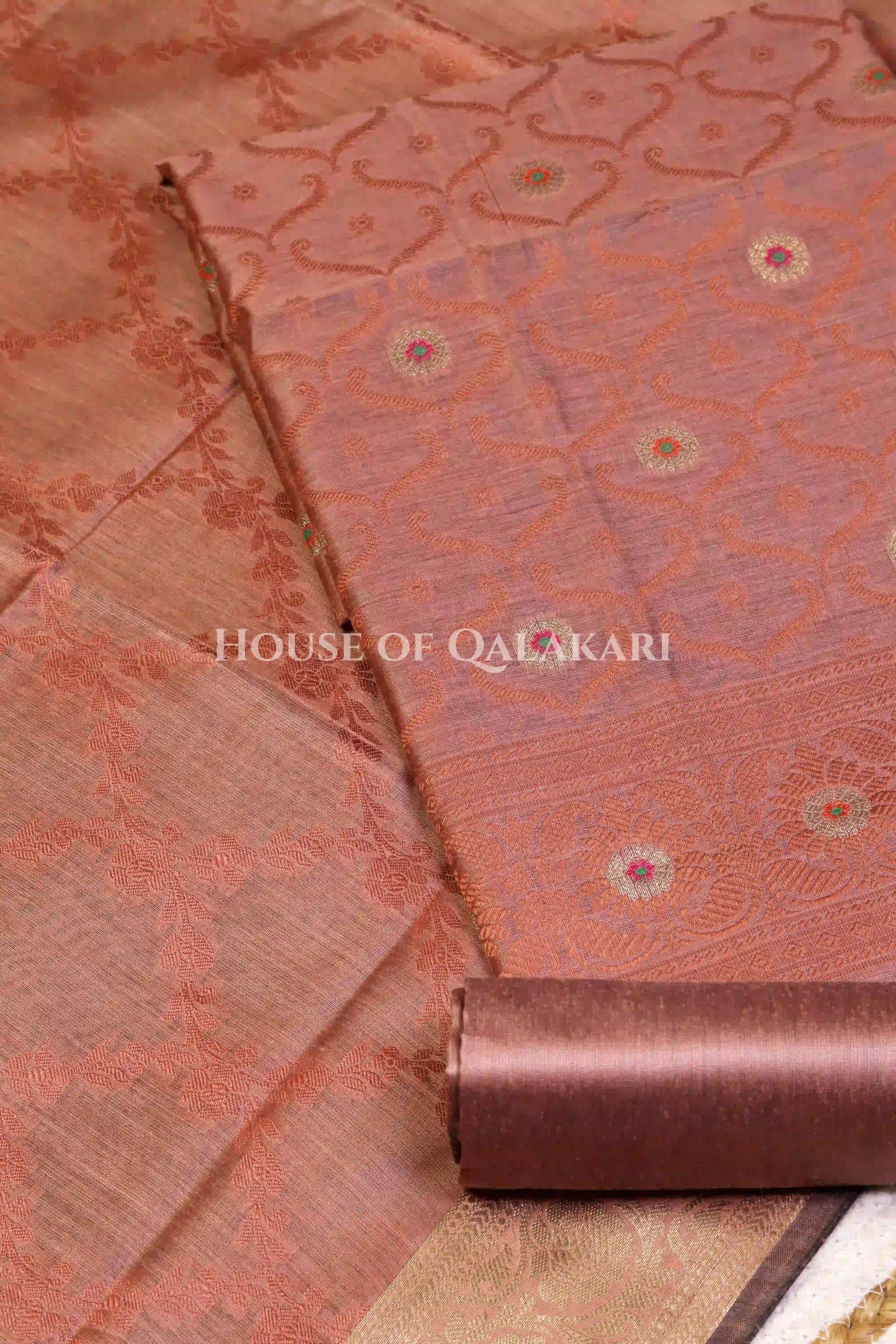 Banarasi Chanderi Cotton Unstitched Dress Material in Copper rose and with matching floral vine jaal dupatta – product