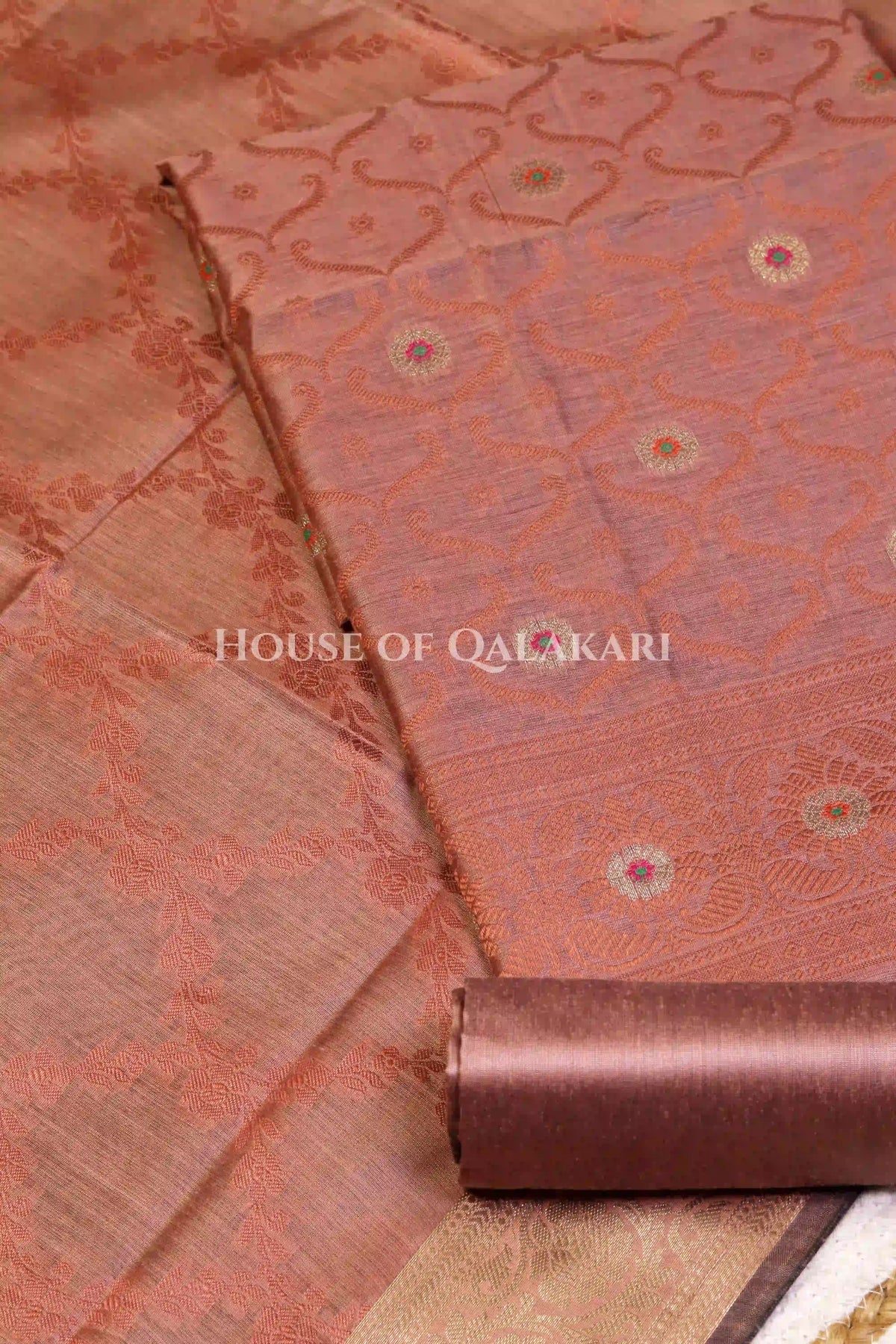 Banarasi Chanderi Cotton Unstitched Dress Material in Copper rose and with matching floral vine jaal dupatta – product