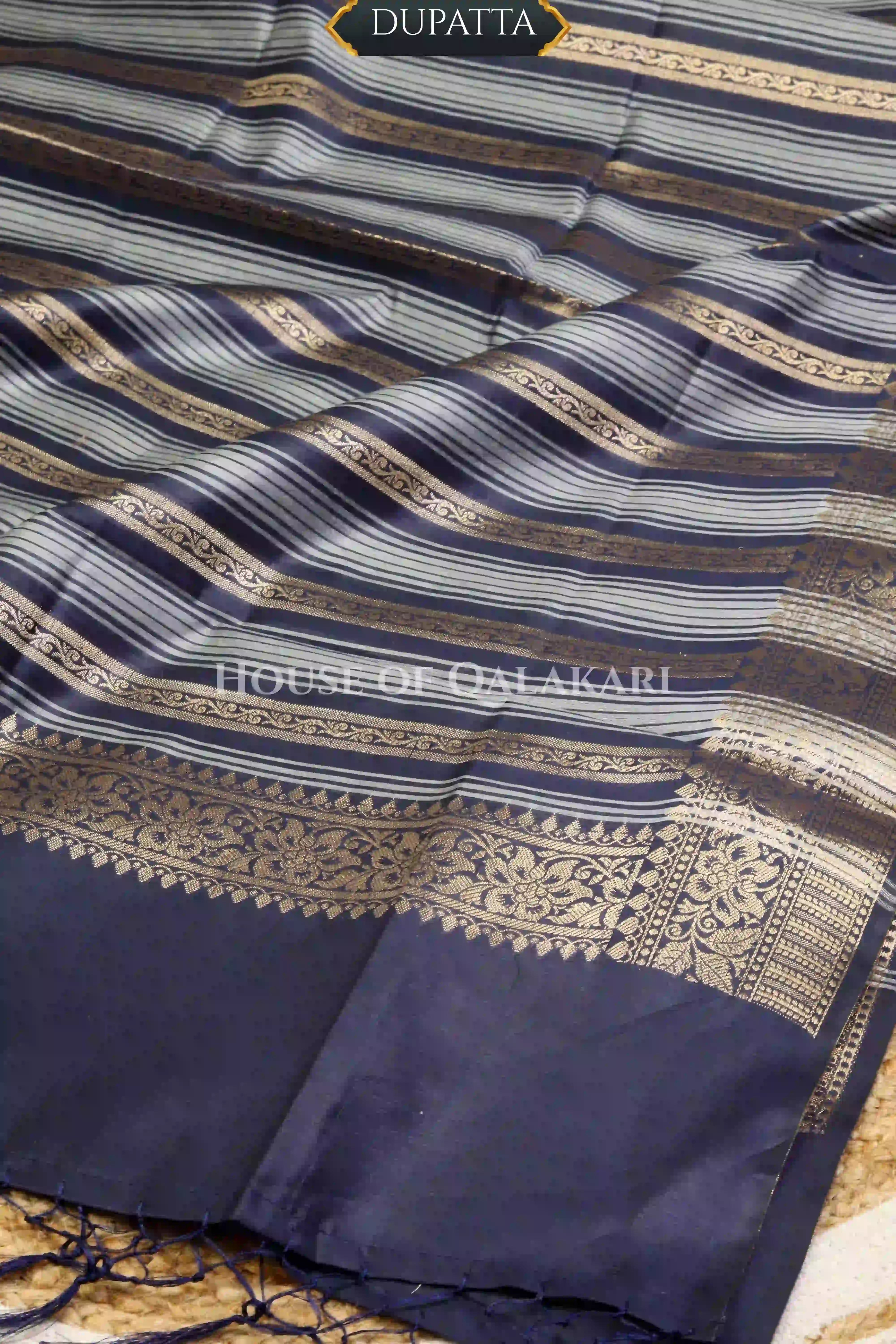 Banarasi Cotton Silk blend Unstitched Dress Material in midnight navy blue and with gol buti( Polka dots) inspired work – dupatta