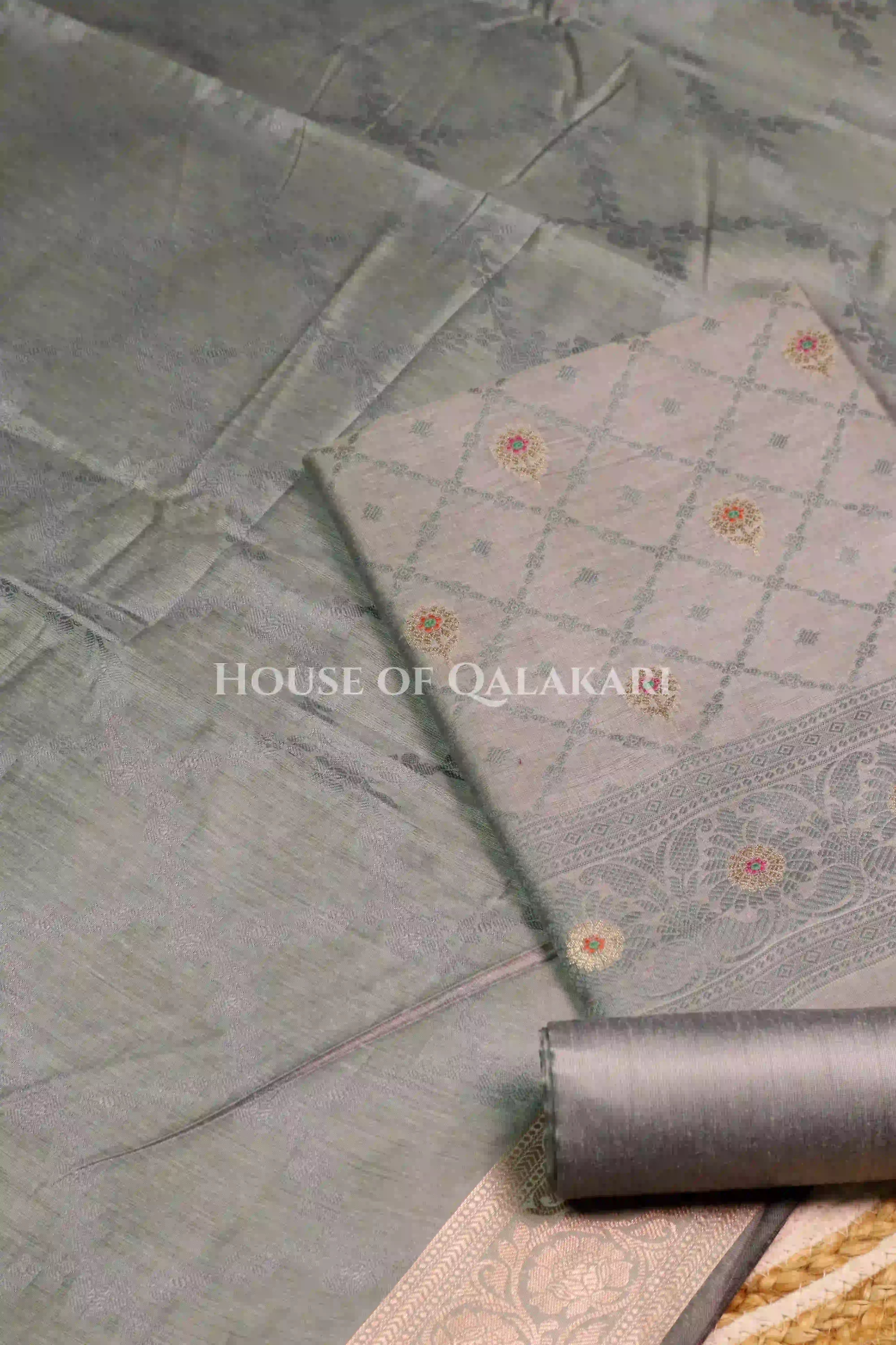 Banarasi Unstitched Dress Material in Grey diamond Chokdi resham work kurta and zari border – product