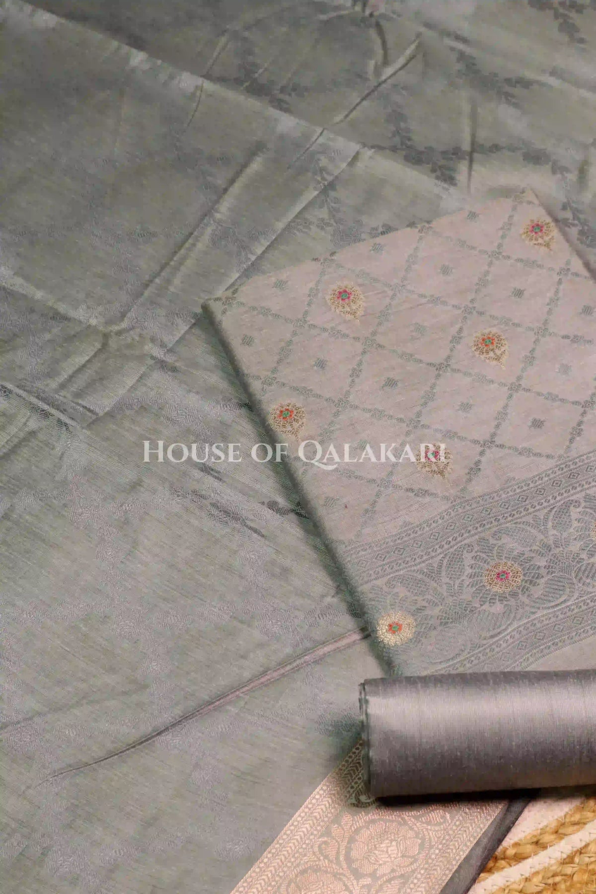 Banarasi Unstitched Dress Material in Grey diamond Chokdi resham work kurta and zari border – product
