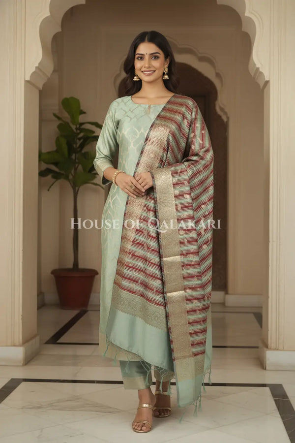 Banarasi Cotton Silk blend Unstitched Dress Material in Cement Grey and with contrast Dark brown-Cement Grey striped dupatta – festive pose
