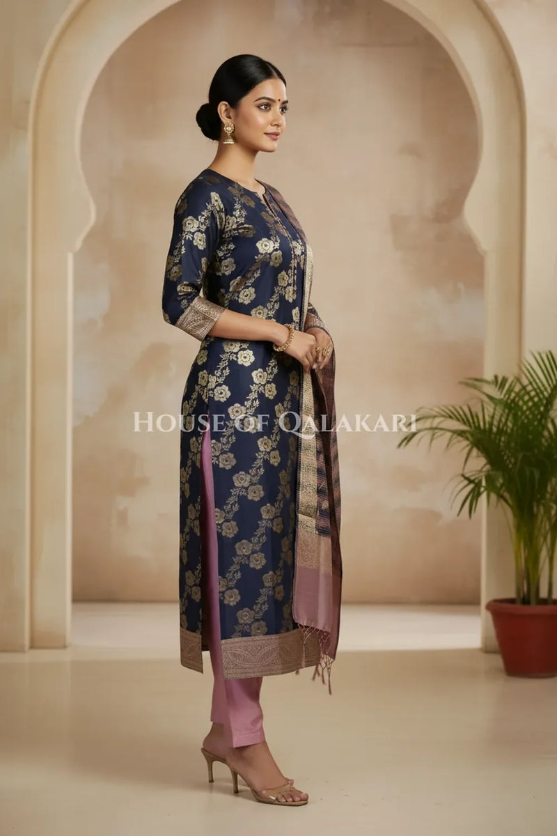 Banarasi Cotton Silk blend Unstitched Dress Material in navy blue and rose gold contrast with Intricate Zari Buti – side pose
