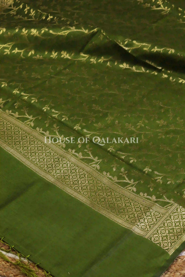 Banarasi Cotton Silk blend Unstitched Dress Material in Mehndi and with matching floral vine jaal dupatta – dupatta