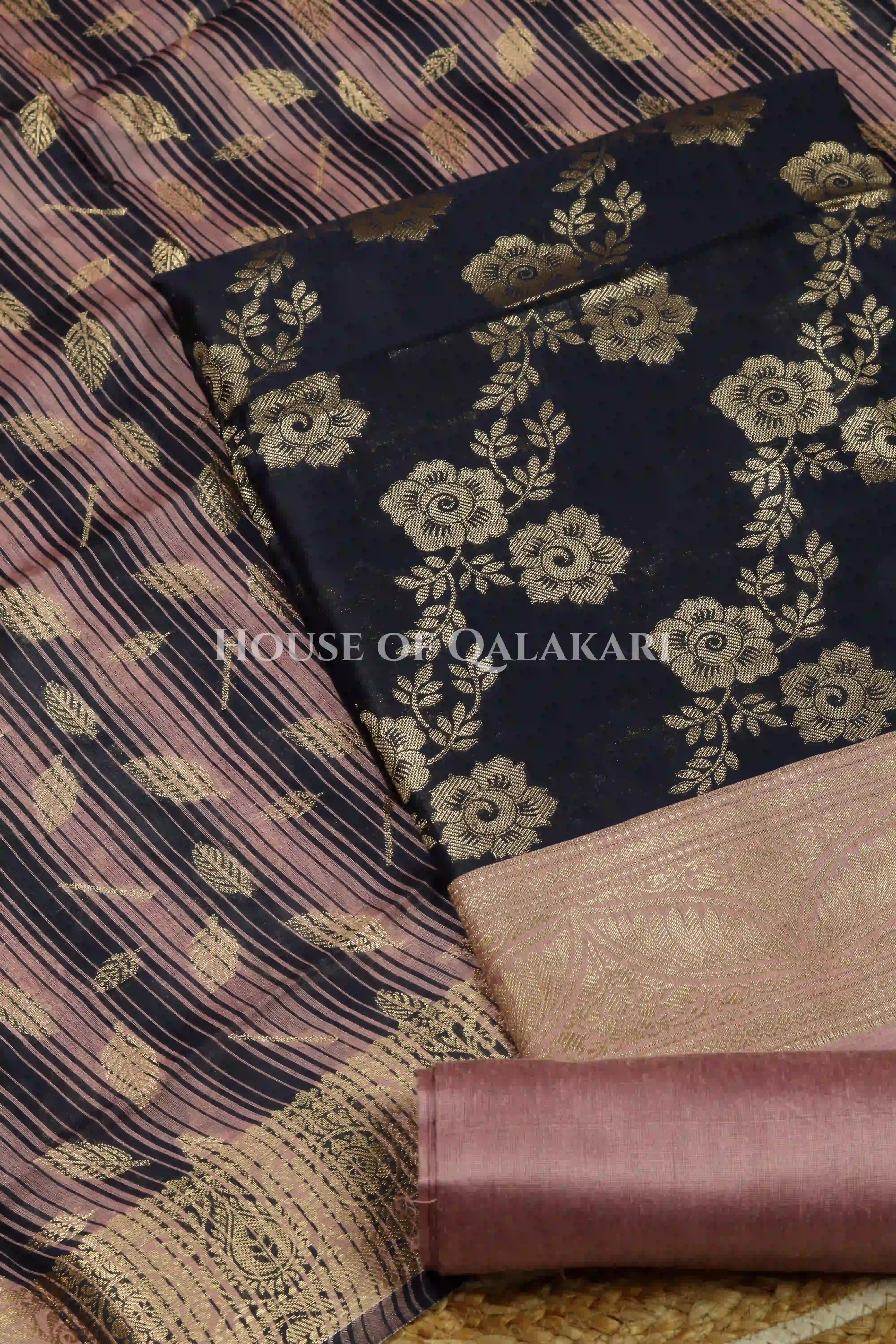 Banarasi Cotton Silk blend Unstitched Dress Material in navy blue and rose gold contrast with Intricate Zari Buti – product