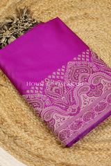 Banarasi Unstitched Dress Material in Rich Purple and with plain body and resham border and diagonally striped resham dupatta – kurta