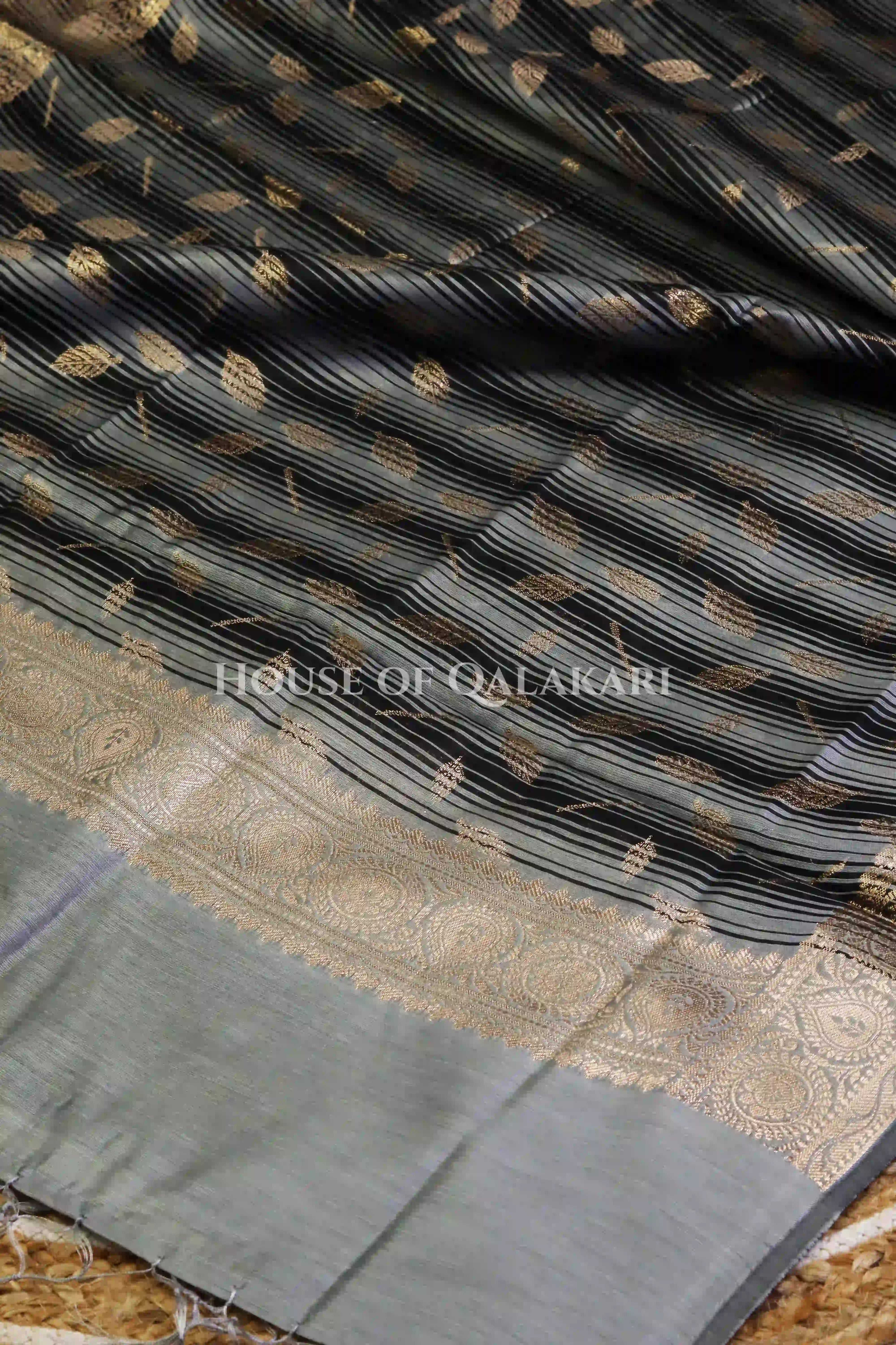 Banarasi Cotton Silk blend Unstitched Dress Material in Grey and with contrast Black-Grey striped dupatta – dupatta