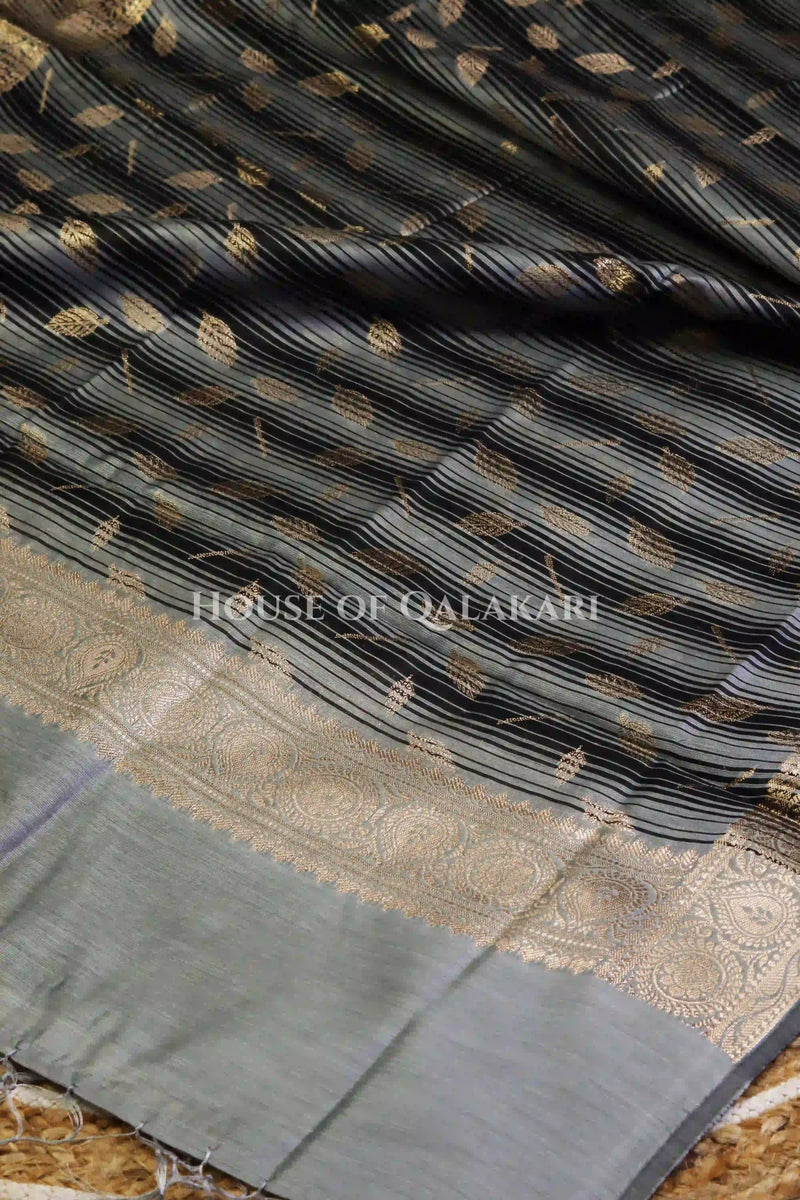 Banarasi Cotton Silk blend Unstitched Dress Material in Grey and with contrast Black-Grey striped dupatta – dupatta