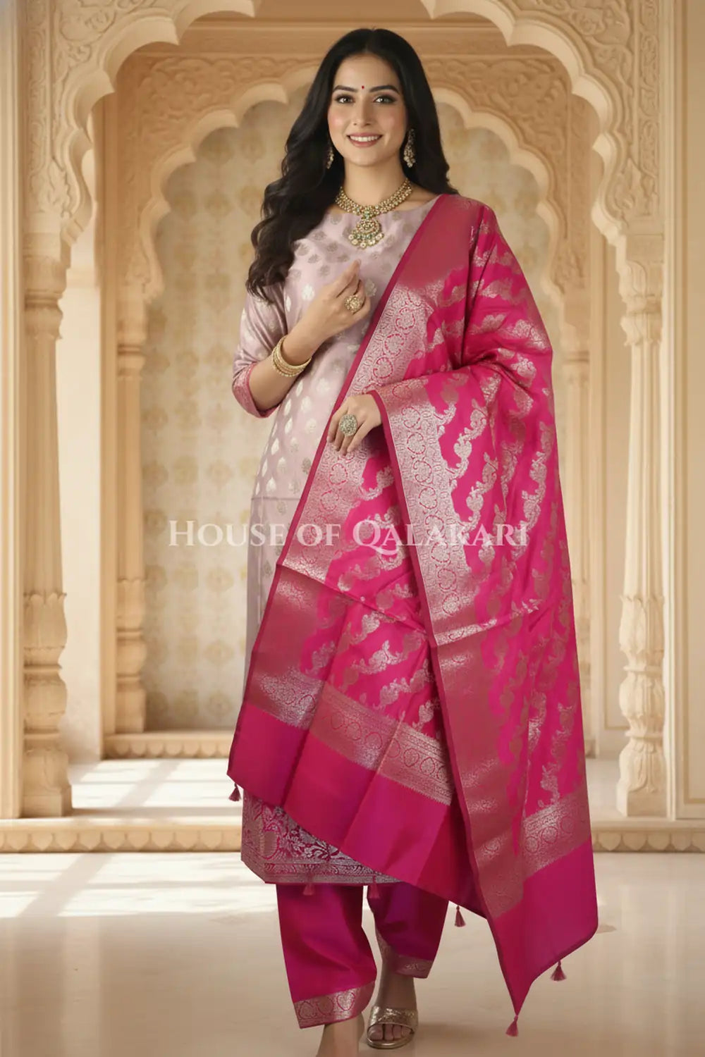 Banarasi Silk Unstitched Dress Material in Light Purple and rani pink contrast with Intricate Zari Buti – festive pose