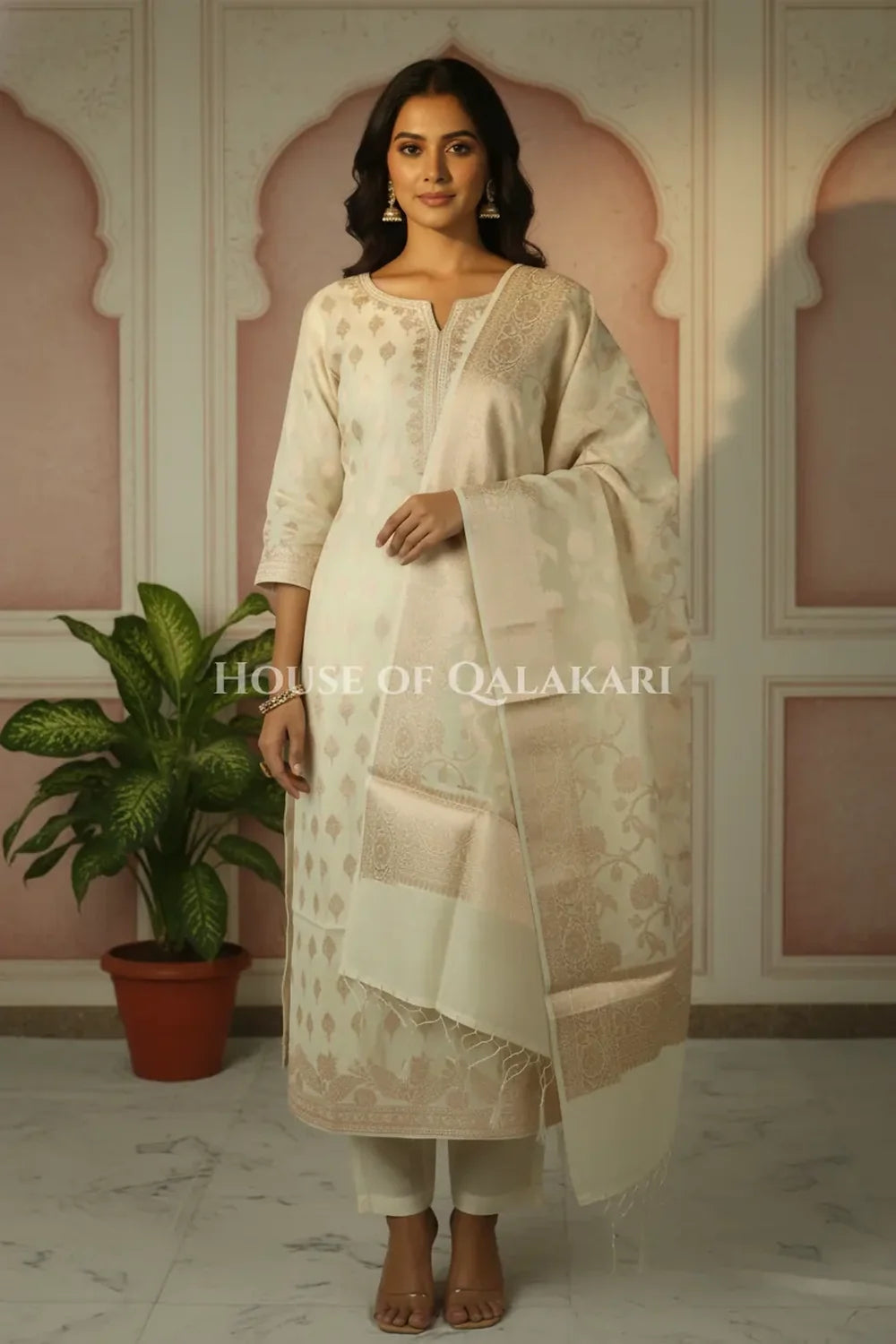 Banarasi Chanderi Cotton Unstitched Dress Material in Cream with intricate Zari Buti work – front pose