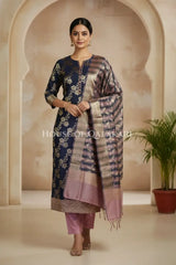Banarasi Cotton Silk blend Unstitched Dress Material in navy blue and rose gold contrast with Intricate Zari Buti – front pose