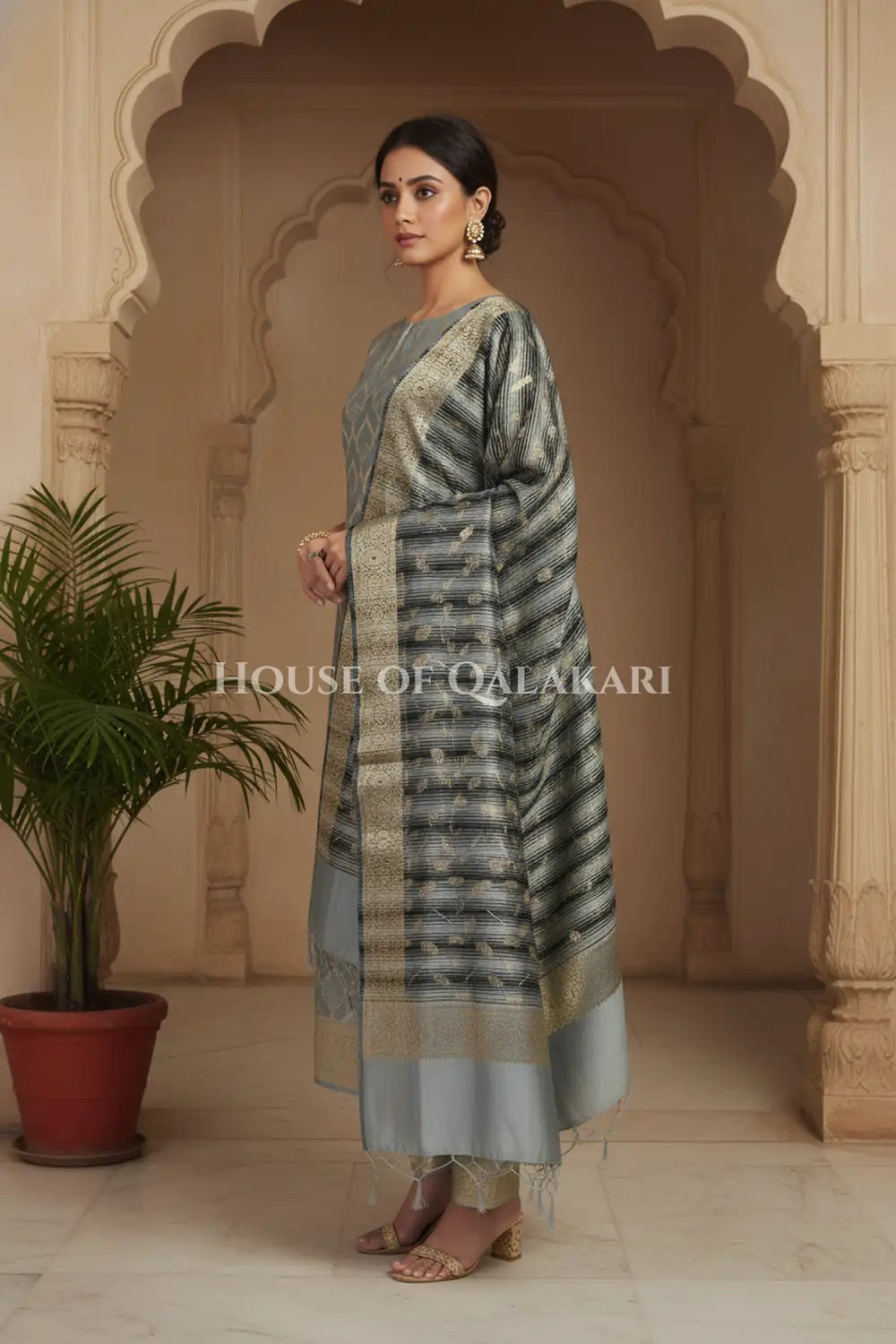 Banarasi Cotton Silk blend Unstitched Dress Material in Grey and with contrast Black-Grey striped dupatta – side pose