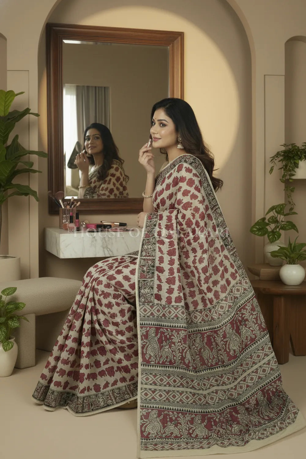 cotton kalamkari saree 0465 getting ready pose