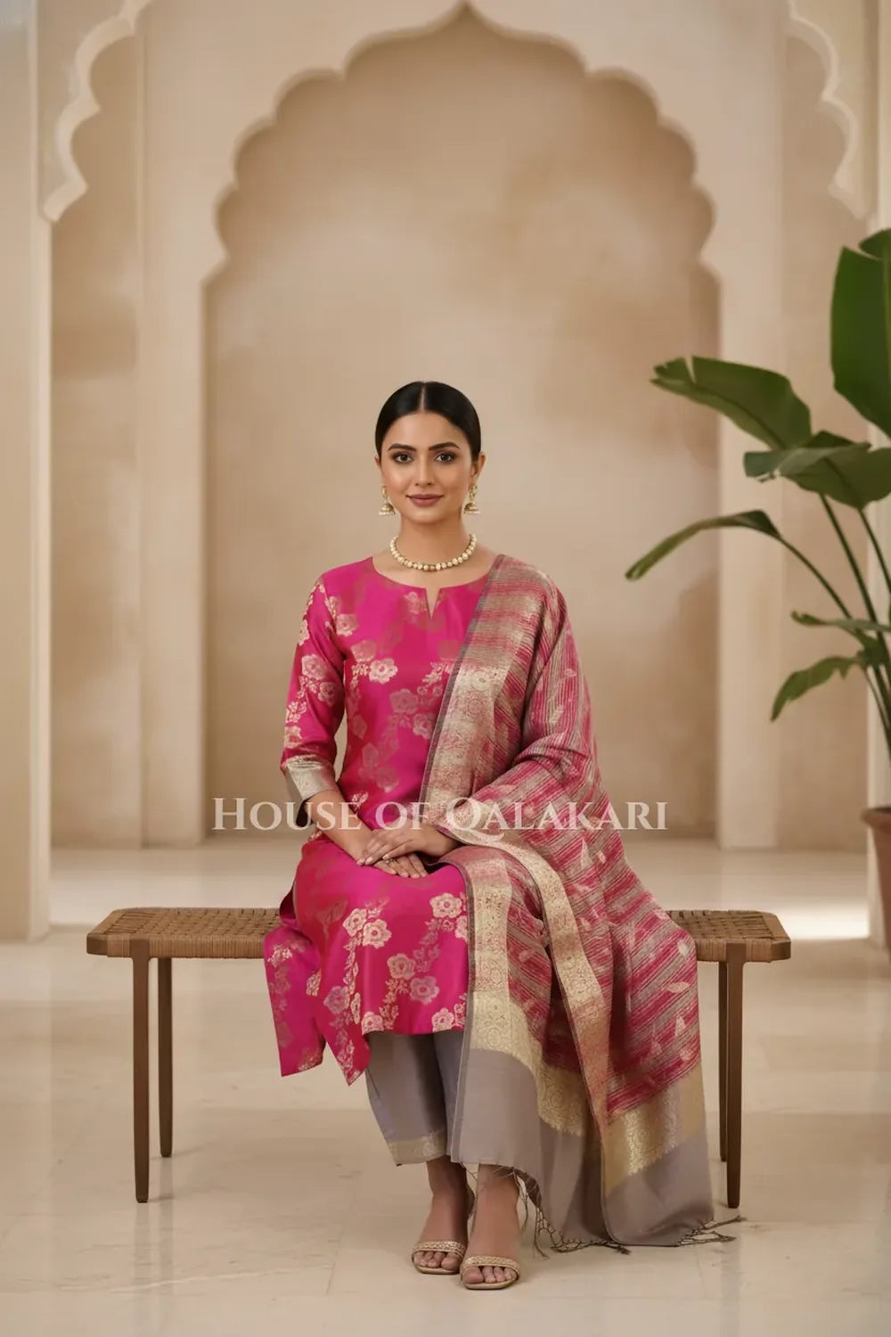 Banarasi Cotton Silk blend Unstitched Dress Material in rani pink and silver grey contrast with Intricate Zari Buti – sitting pose